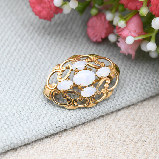 Vintage Ornate 9ct Gold Opal Brooch 1990 - Cabochon White Opals | Antique Style Solid Gold Gemstone Brooch