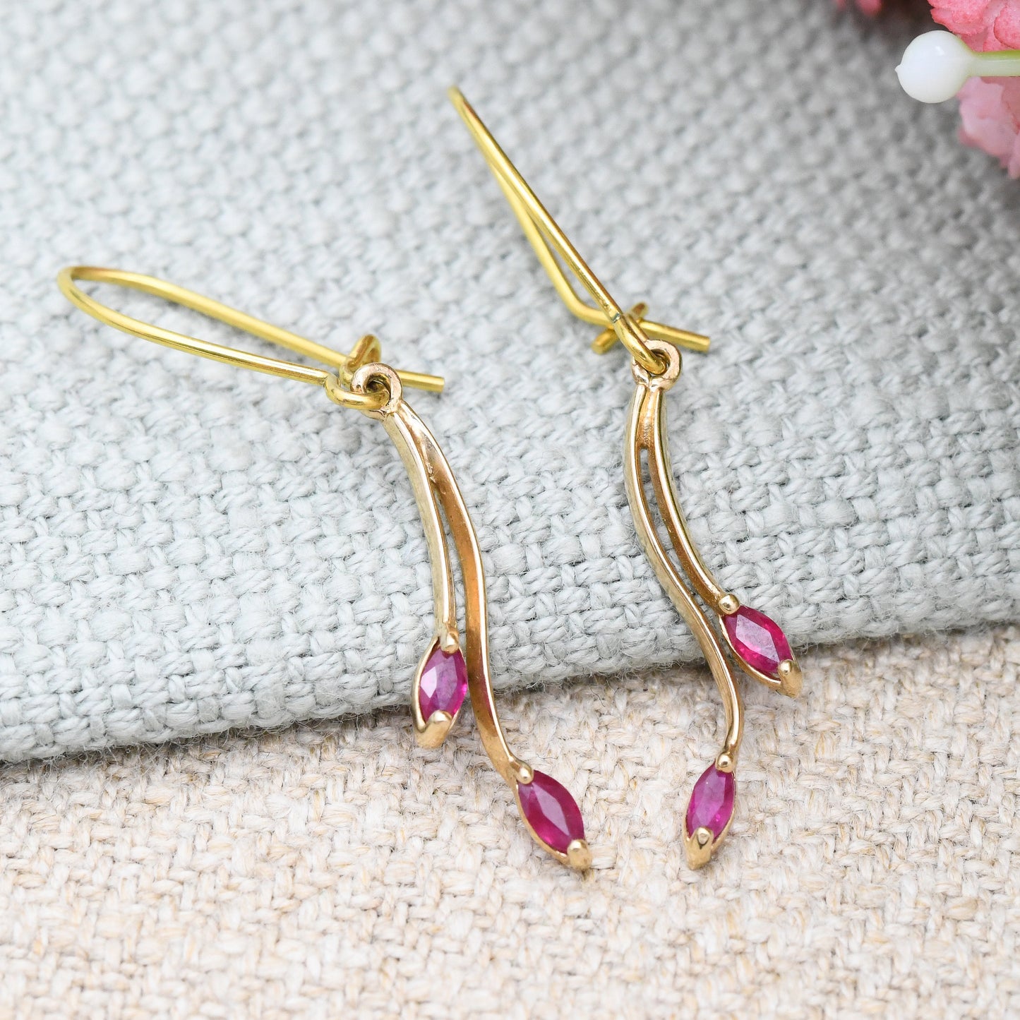 Vintage 9ct Gold Ruby Drop Earrings - Delicate Dangle Earrings with Marquise Shape Gemstones | July Birthday Birthstone