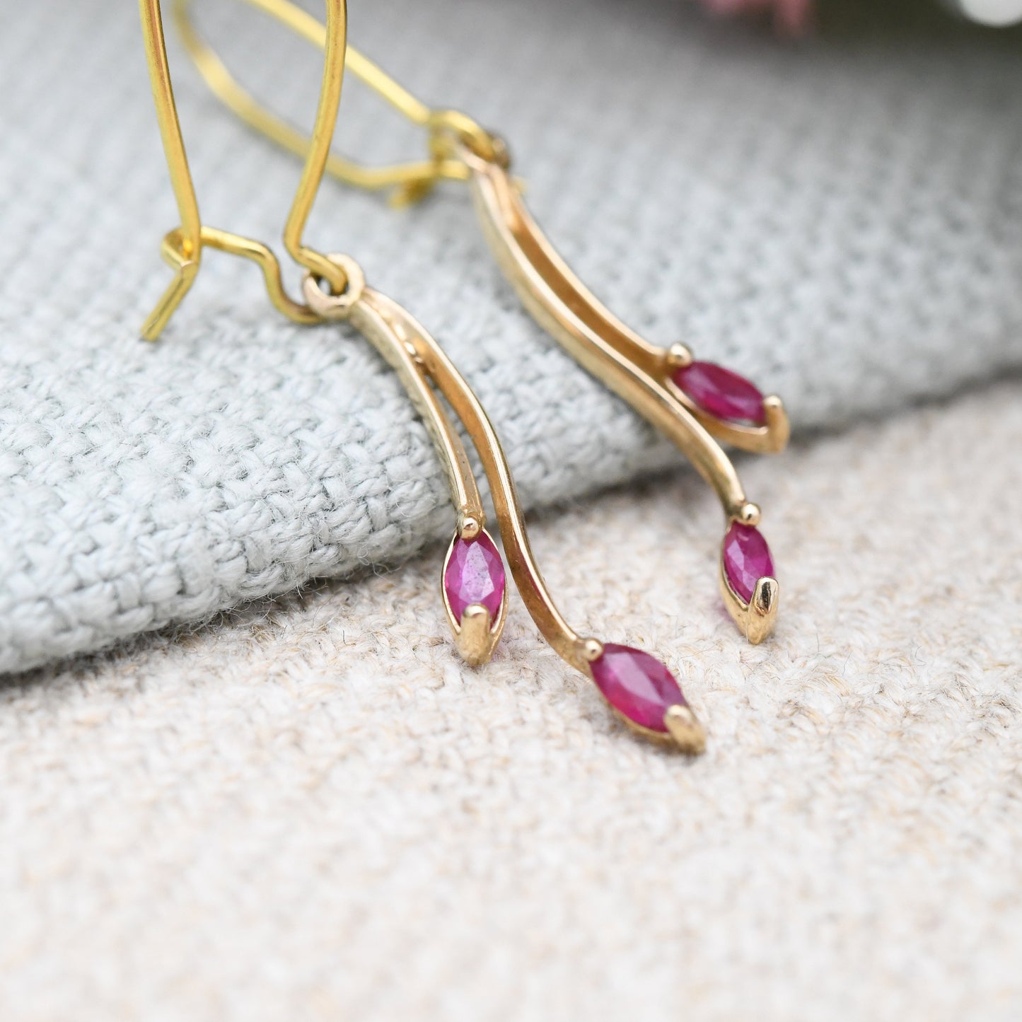 Vintage 9ct Gold Ruby Drop Earrings - Delicate Dangle Earrings with Marquise Shape Gemstones | July Birthday Birthstone