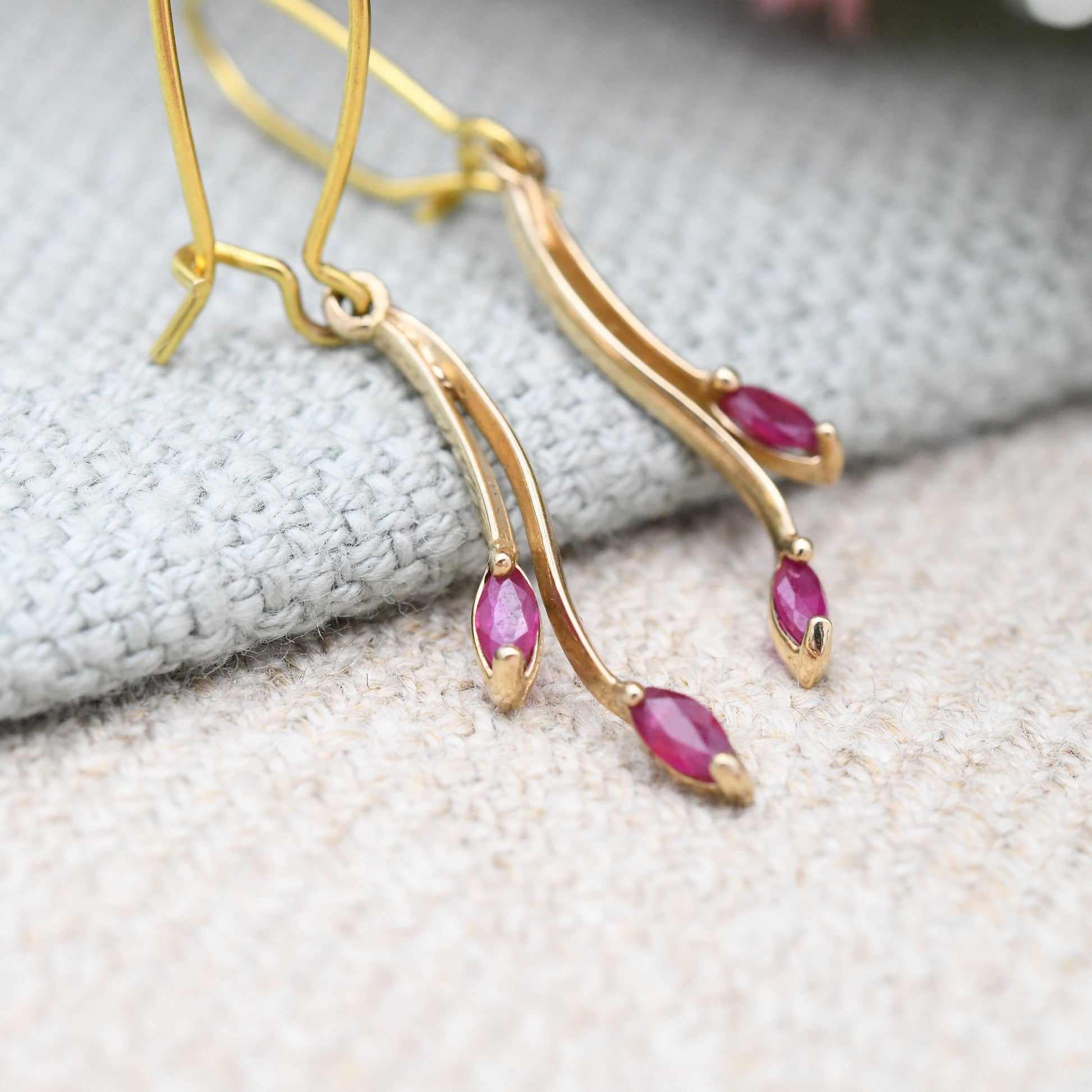 Vintage 9ct Gold Ruby Drop Earrings - Delicate Dangle Earrings with Marquise Shape Gemstones | July Birthday Birthstone