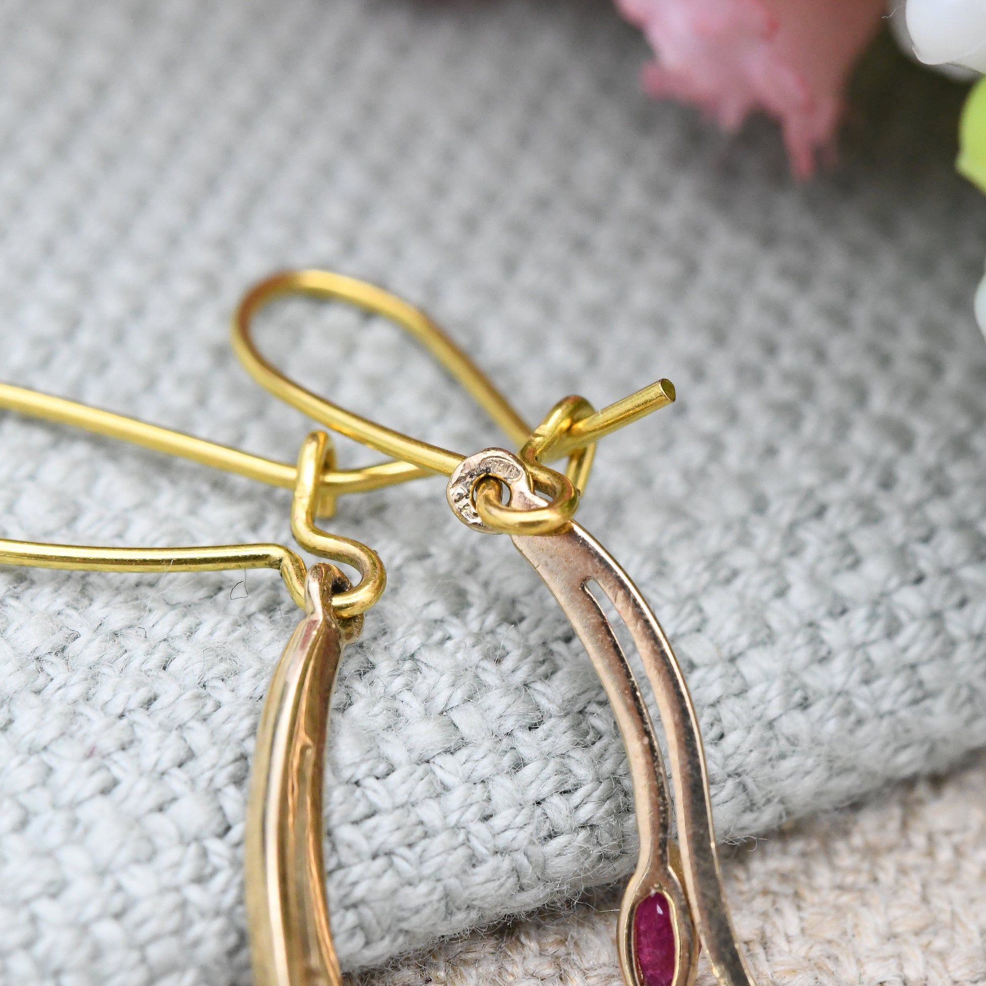 Vintage 9ct Gold Ruby Drop Earrings - Delicate Dangle Earrings with Marquise Shape Gemstones | July Birthday Birthstone