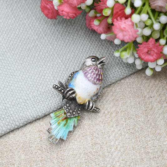 Vintage Silver Enamel Marcasite Bird Brooch - Colourful Painted Songbird on a Branch | c. 1940s - 1950s