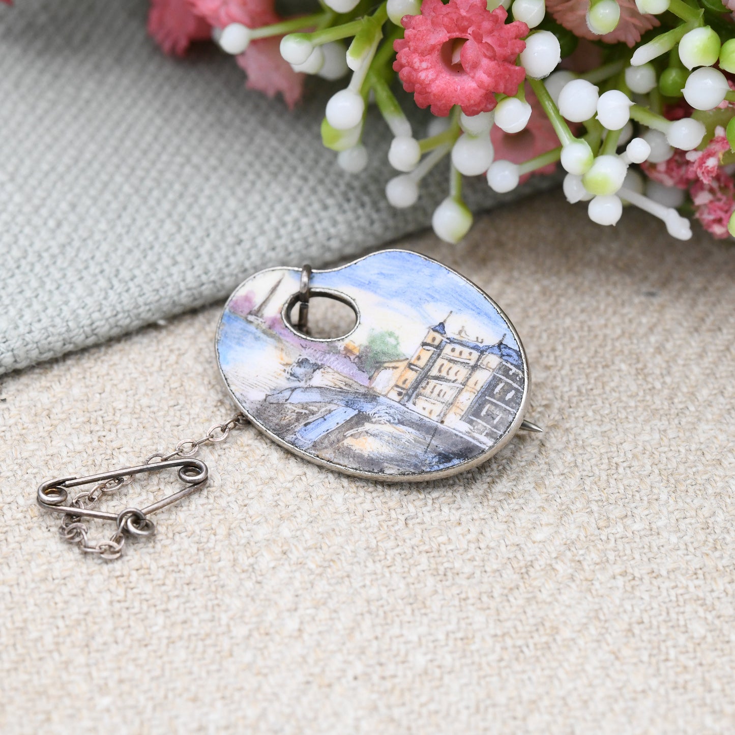 Vintage Enamel Paint Palette Brooch with River City Scene - Unusual Vintage Costume Brooch | Detailed Landscape Painting | Gift for Artist