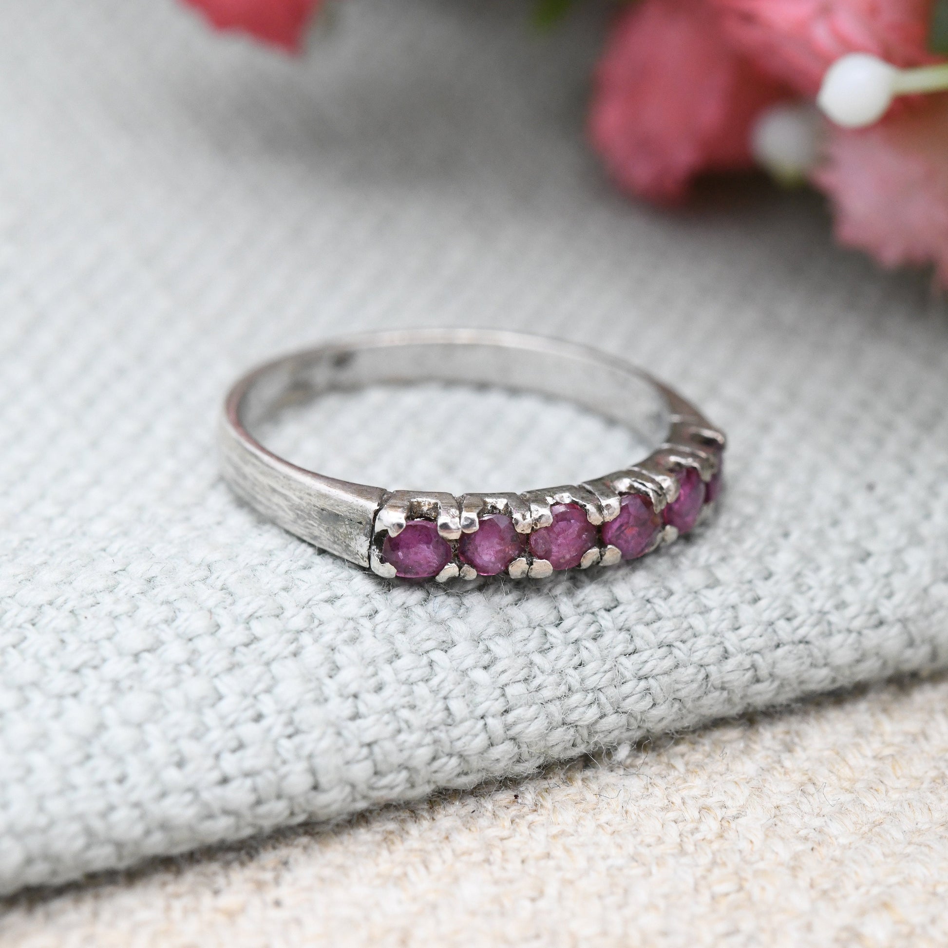 Vintage Sterling Silver Ruby Ring - July Birthstone Pretty Gift for Her | Pave Set Bar | UK Size - J 1/2 | US Size - 5