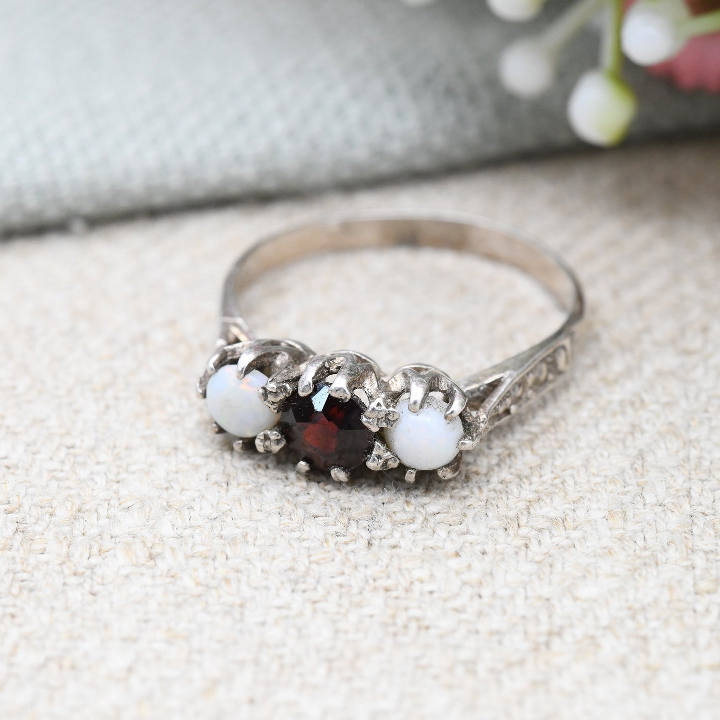 Vintage Sterling Silver Opal Garnet Three Stone Ring - Mid-Century Antique Revival | Large Gemstone Trilogy | UK Size - P | US Size - 7 3/4