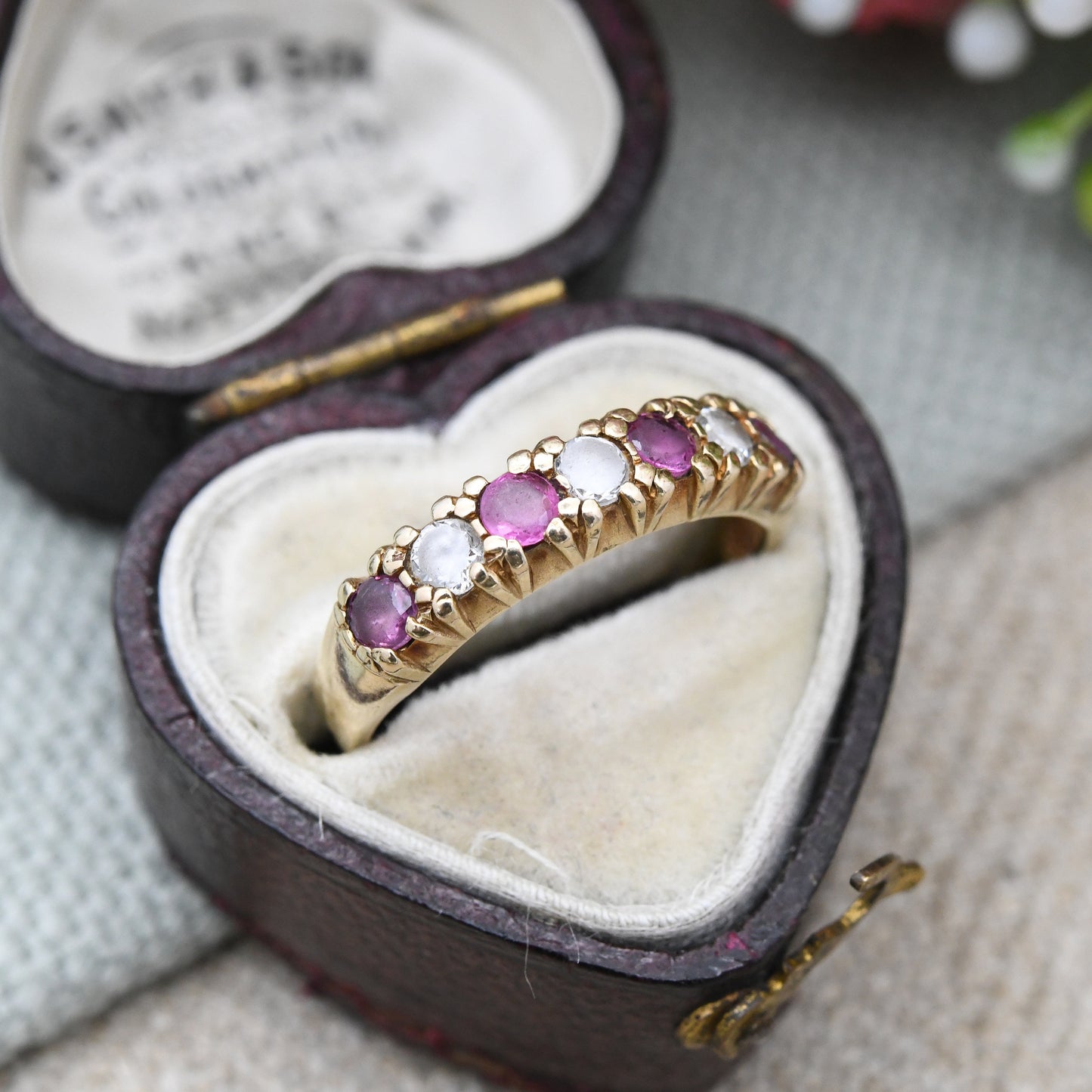 Vintage 9ct Gold Garnet Half Eternity Ruby Ring - Red and Clear Gemstone Band Ring | UK Size - M | US Size - 6 1/4