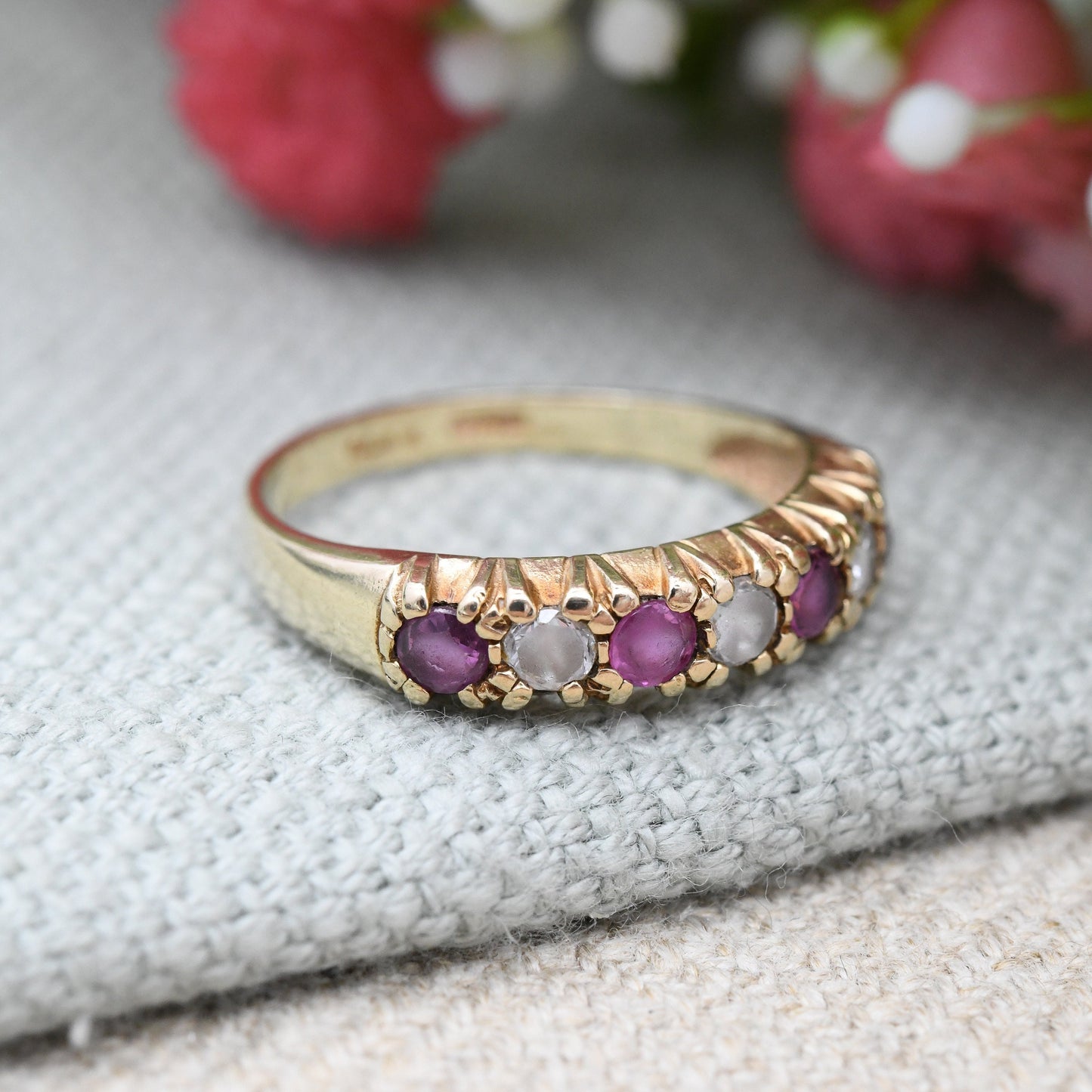 Vintage 9ct Gold Garnet Half Eternity Ruby Ring - Red and Clear Gemstone Band Ring | UK Size - M | US Size - 6 1/4