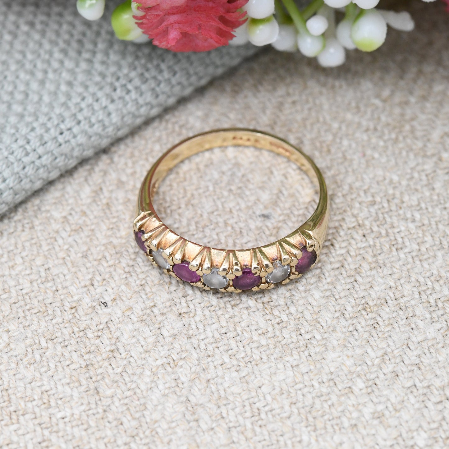 Vintage 9ct Gold Garnet Half Eternity Ruby Ring - Red and Clear Gemstone Band Ring | UK Size - M | US Size - 6 1/4