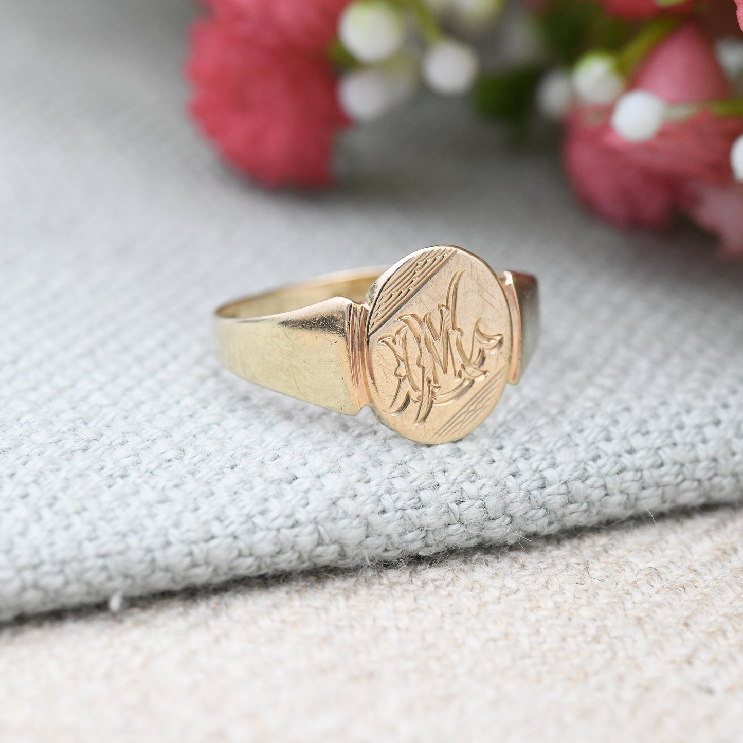 Vintage 9ct Gold Monogram Signet Ring 1955 - Mid-Century Engraved Initial Ring | Unisex Gold Pinkie Ring | UK Size - L | US Size - 5 3/4