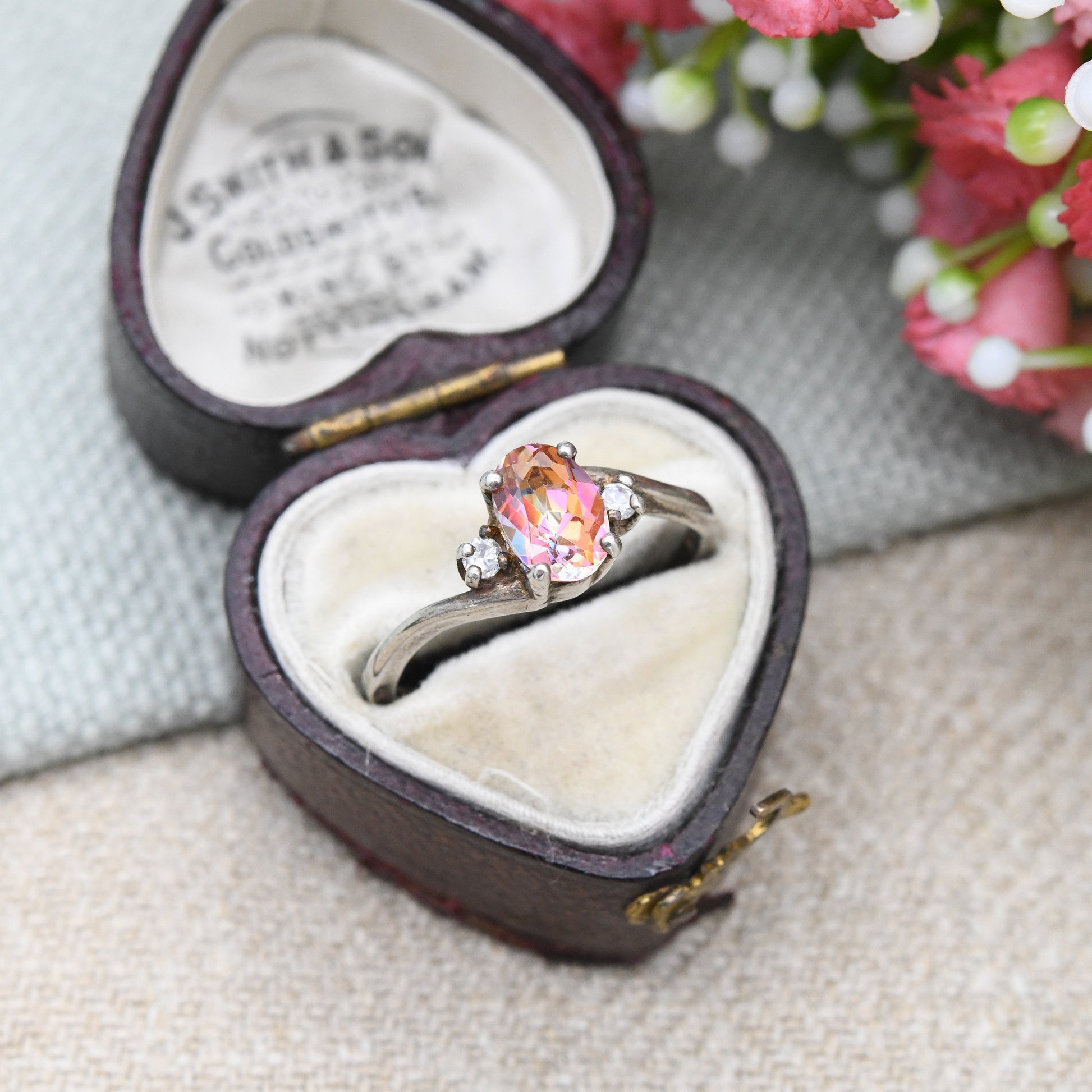 Vintage Sterling Silver Rainbow Crystal Ring with Clear Side Stones - Sparkly Statement Solitaire | UK Size - N 1/2 | US Size - 6 3/4