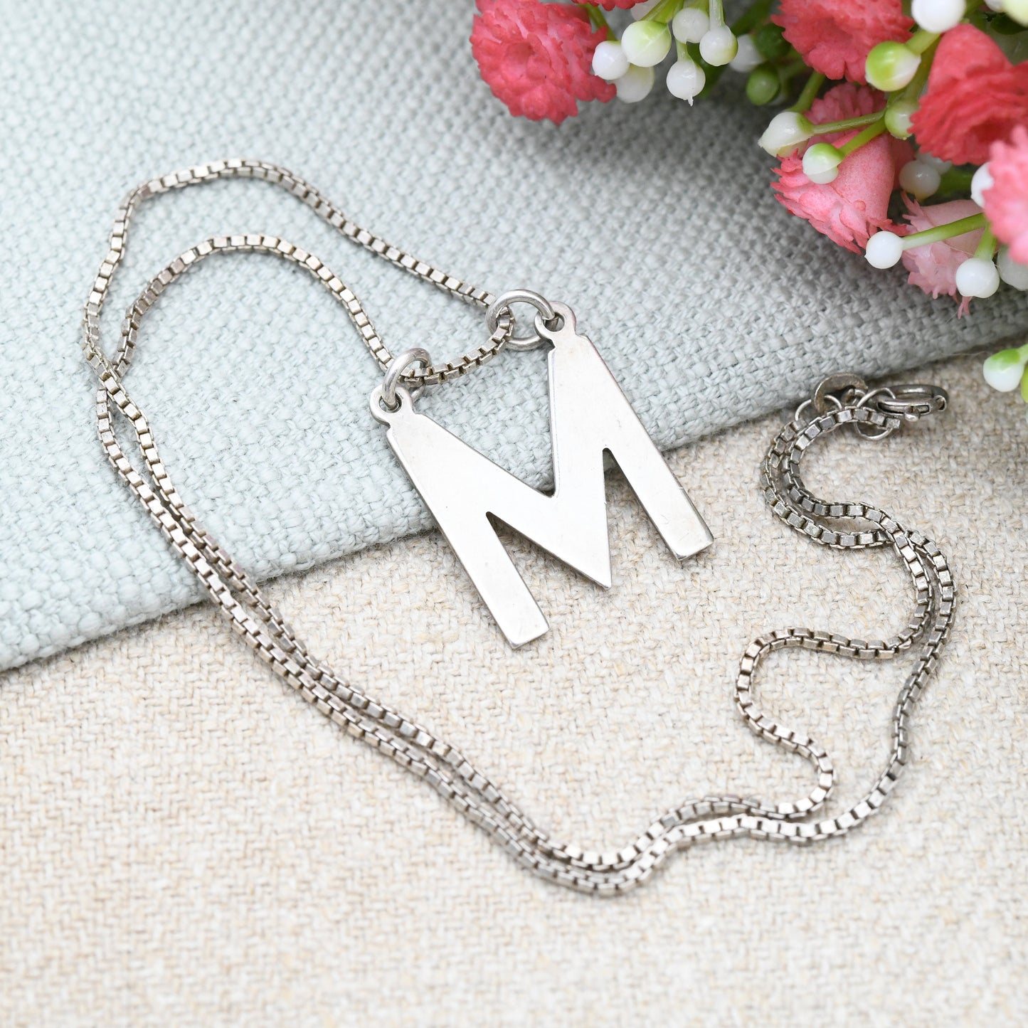 Vintage Sterling Silver Letter M Pendant Necklace - Personalised Name Charm | Large Minimalist Style | Solid Silver Alphabet Jewellery