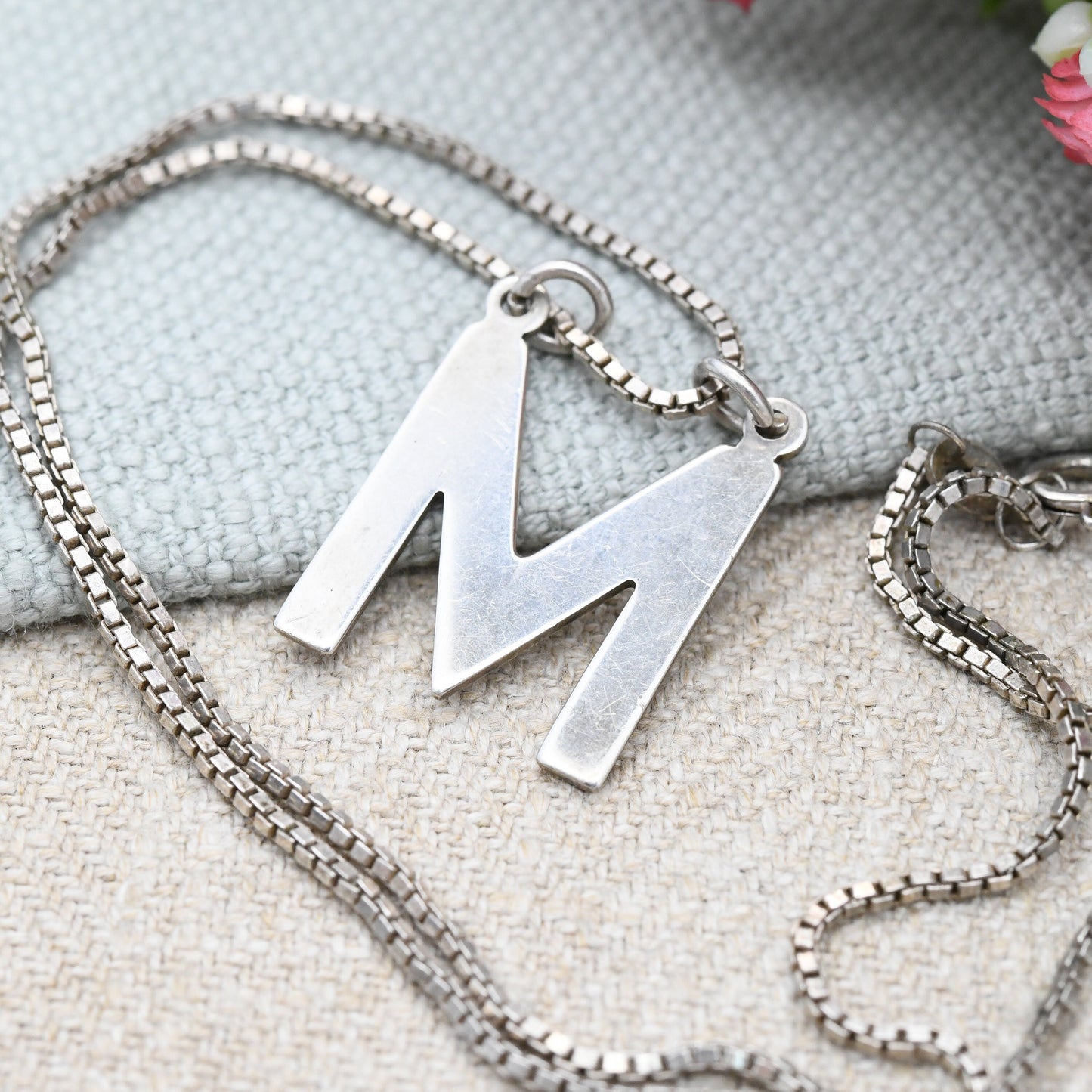 Vintage Sterling Silver Letter M Pendant Necklace - Personalised Name Charm | Large Minimalist Style | Solid Silver Alphabet Jewellery