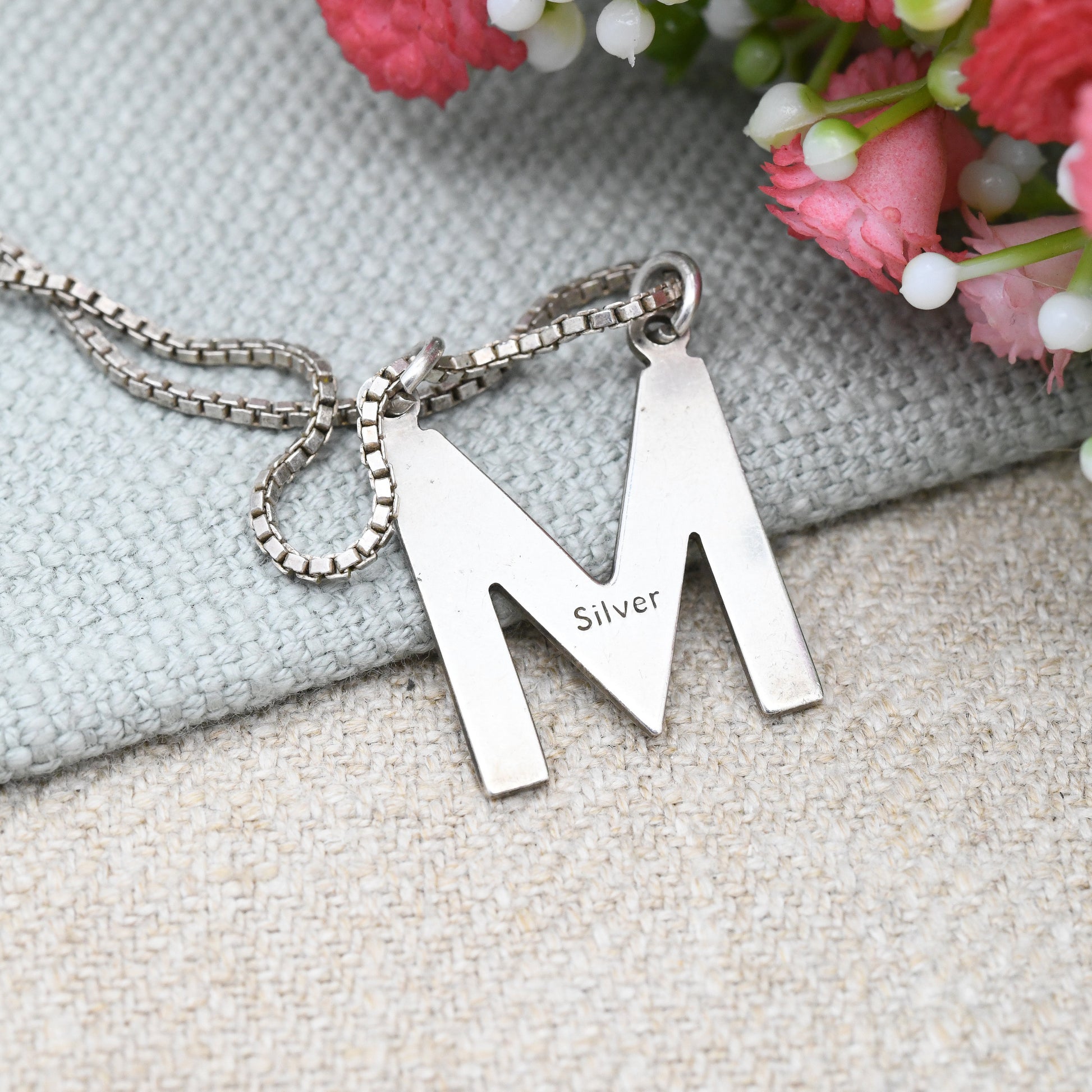 Vintage Sterling Silver Letter M Pendant Necklace - Personalised Name Charm | Large Minimalist Style | Solid Silver Alphabet Jewellery