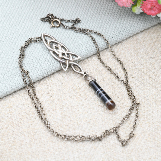 Vintage Sterling Silver Banded Agate Celtic Pendant Necklace - with Triquetra Knot Twist Design Drop Articulated | On Silver Cable Chain