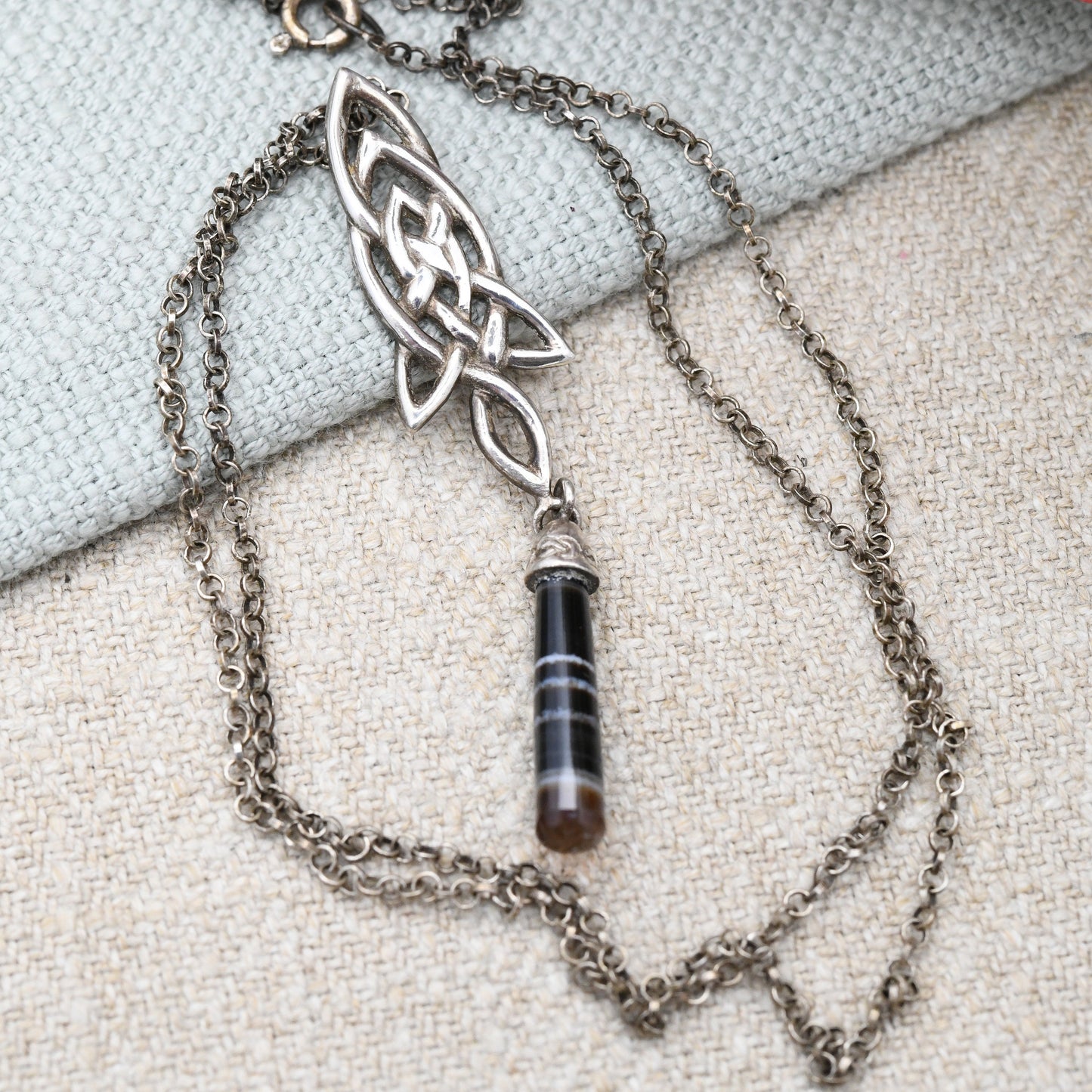 Vintage Sterling Silver Banded Agate Celtic Pendant Necklace - with Triquetra Knot Twist Design Drop Articulated | On Silver Cable Chain