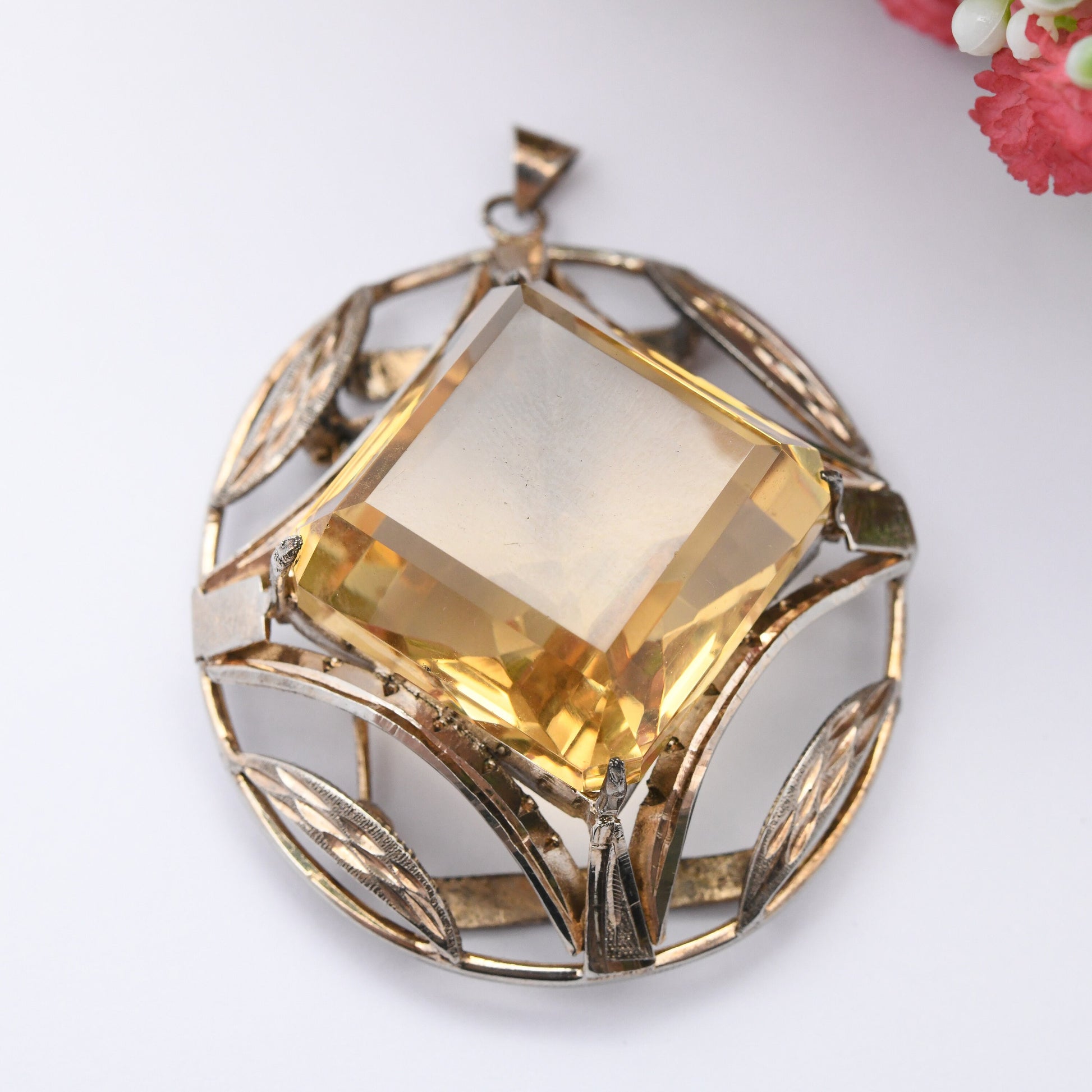 Vintage Oversized Citrine Glass Brooch Pendant - Large Faceted Diamond Shape Stone | Chunky Heavy Oval Pendant Belt Buckle Scottish Style