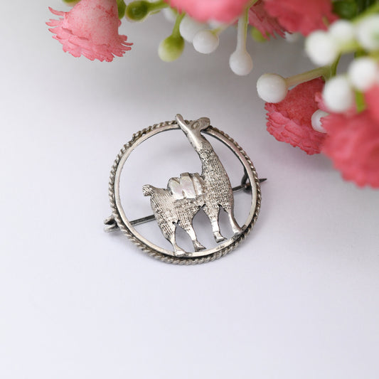 Vintage Sterling Silver Llama Brooch - Peru Silver Animal in a Circle Brooch | Textured Silver Alpaca