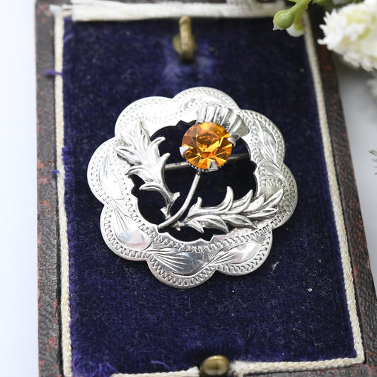 Vintage Mizpah Scottish Thistle Brooch Silver Plated - Orange Citrine Paste Stone | Highlands Floral Statement Jewellery