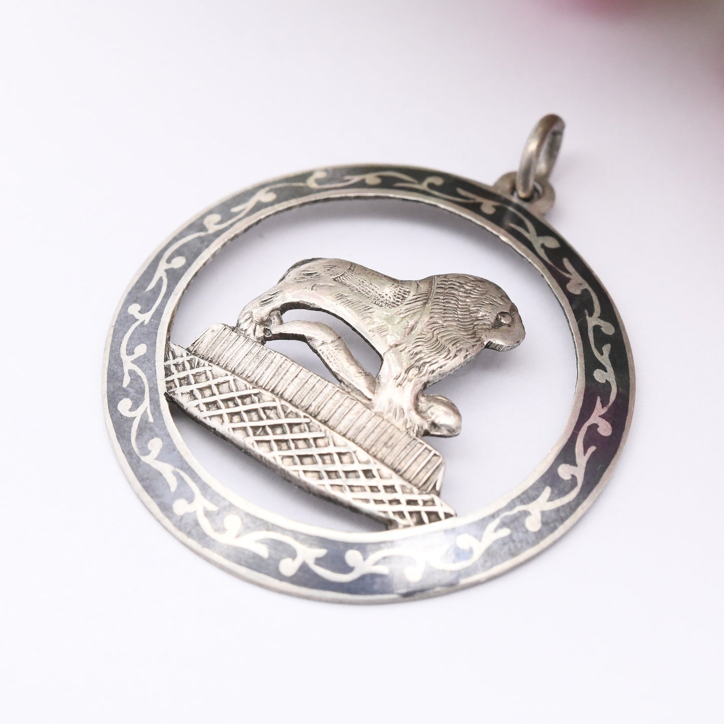 Vintage Silver Lion Pendant with Black Niello Border - Unusual Lion Over Man Symbol Necklace | Openwork Design