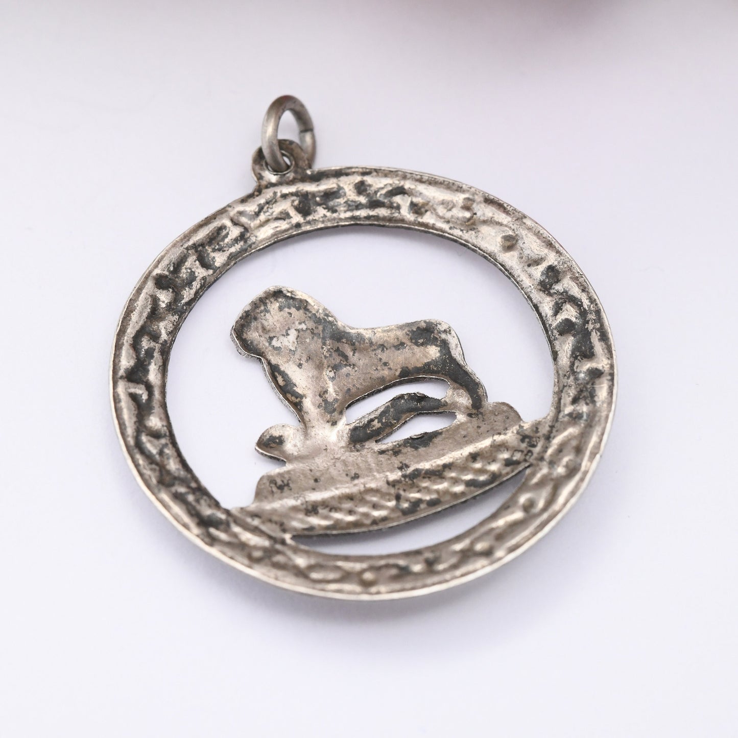 Vintage Silver Lion Pendant with Black Niello Border - Unusual Lion Over Man Symbol Necklace | Openwork Design