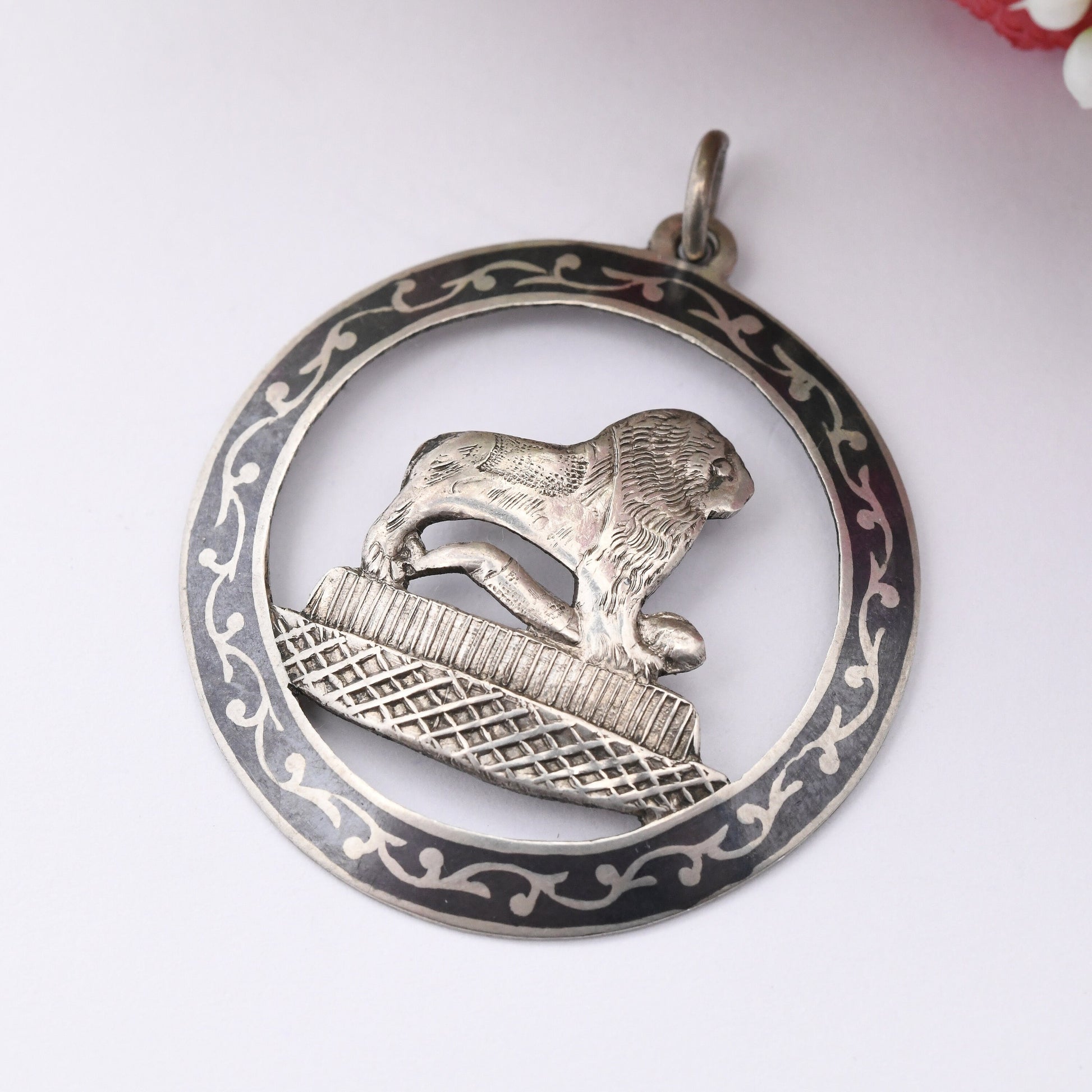 Vintage Silver Lion Pendant with Black Niello Border - Unusual Lion Over Man Symbol Necklace | Openwork Design