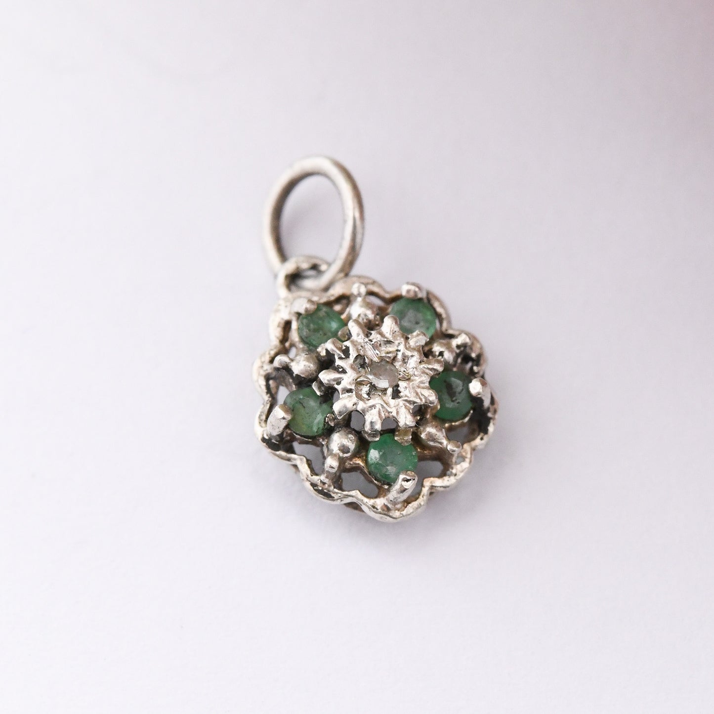 Vintage Sterling Silver Emerald and Diamond Flower Pendant - Floral Cluster Charm | for Necklace Stack | May Birthday Flower Gift