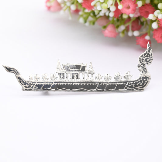 Vintage Sterling Silver Siam Longship Brooch Dragon Figurehead Viking Boat - Oarsmen | Black Niello | Vintage Thailand Silver Figural Brooch