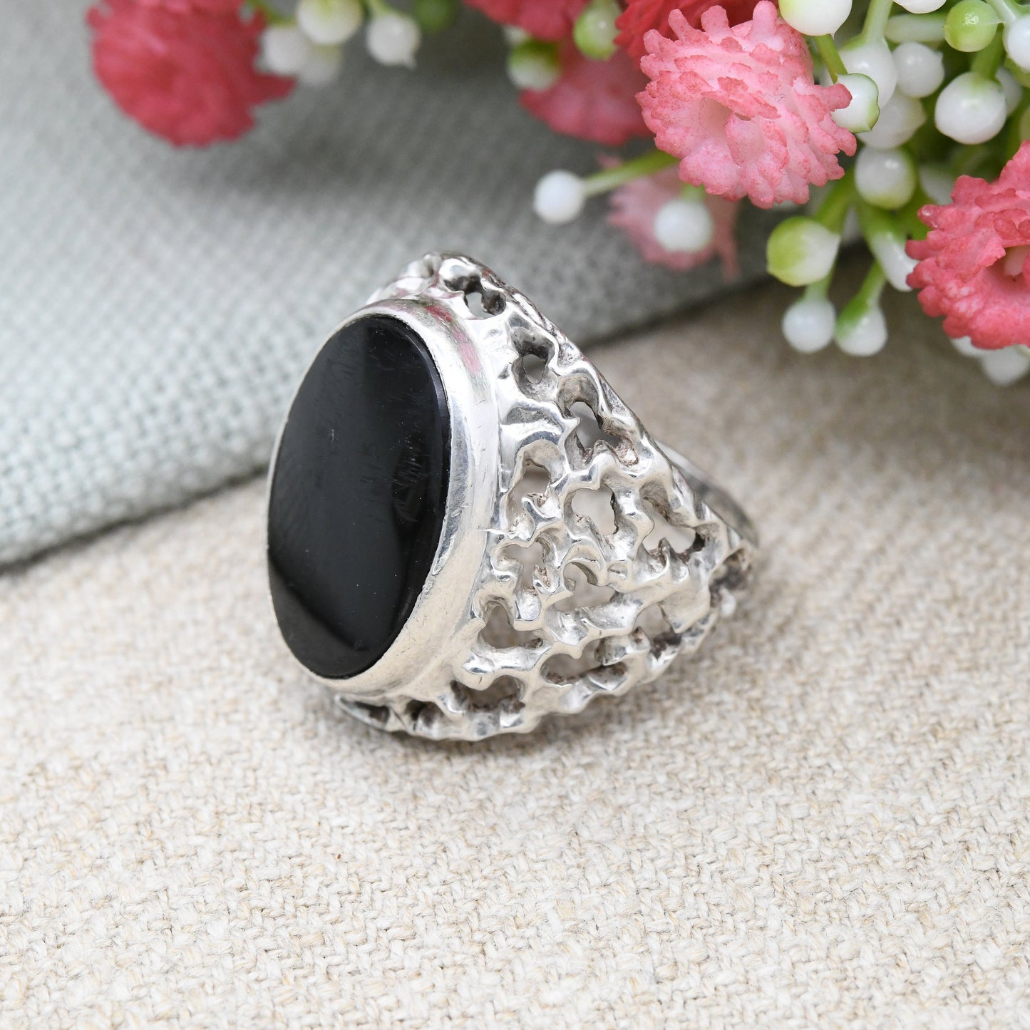 Vintage Brutalist Sterling Silver Onyx Ring 1970 - Large Statement Signet | Dramatic Mid-Century Textured | UK Size - R | US Size - 8 1/2