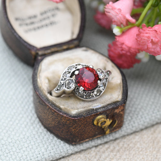 Antique Art Deco Silver Red Paste Ring - Sparkly Graduated Clear Paste | Bypass Style Statement Cocktail | UK Size - L | US Size - 5 3/4