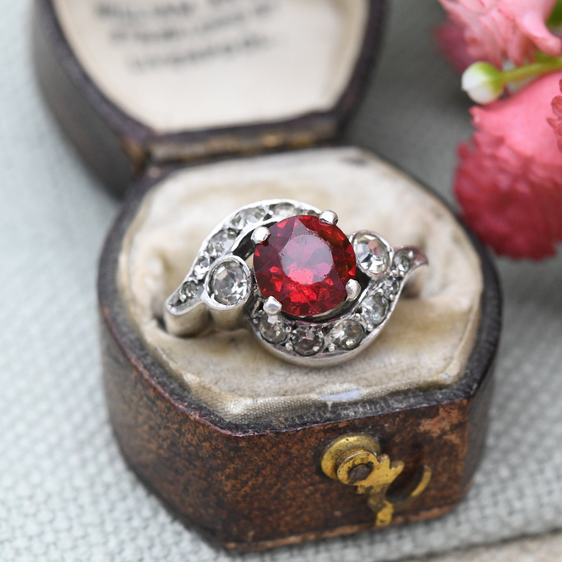 Antique Art Deco Silver Red Paste Ring - Sparkly Graduated Clear Paste | Bypass Style Statement Cocktail | UK Size - L | US Size - 5 3/4