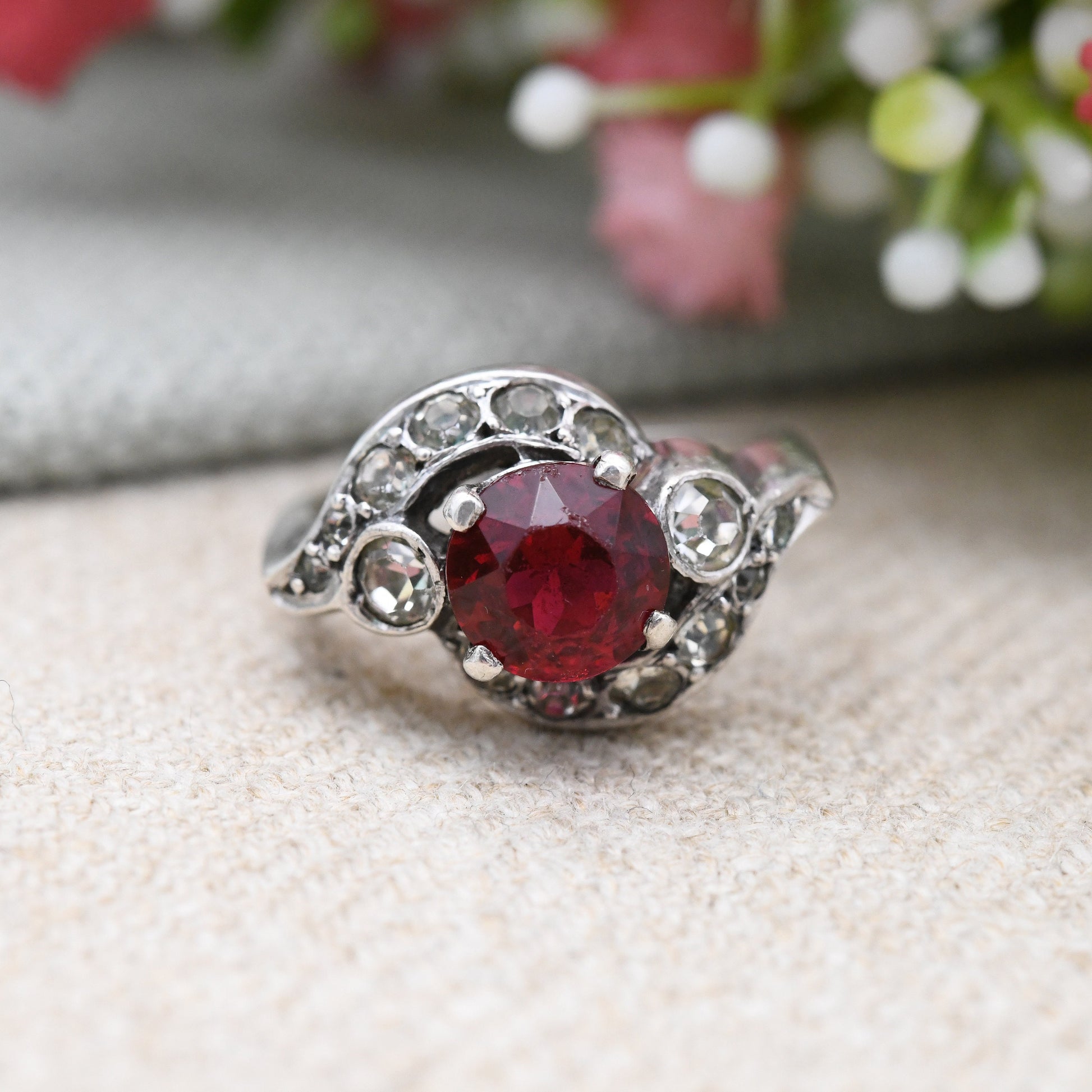 Antique Art Deco Silver Red Paste Ring - Sparkly Graduated Clear Paste | Bypass Style Statement Cocktail | UK Size - L | US Size - 5 3/4