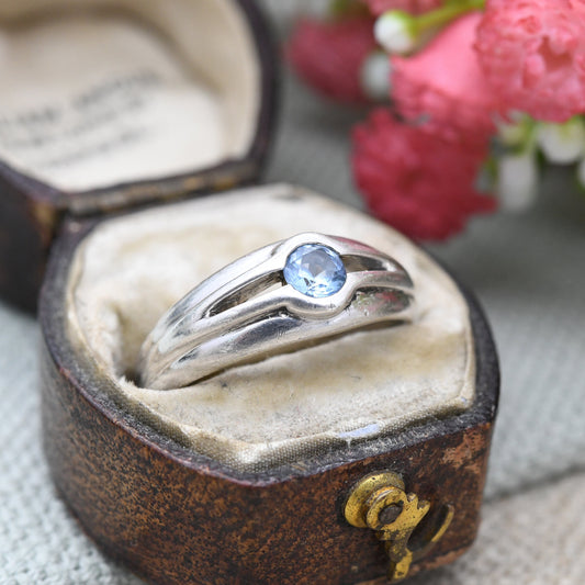 Sterling Silver Blue Stone Solitaire Ring with Split Band - Minimalist Statement Ring | UK Size - N | US Size - 6 3/4