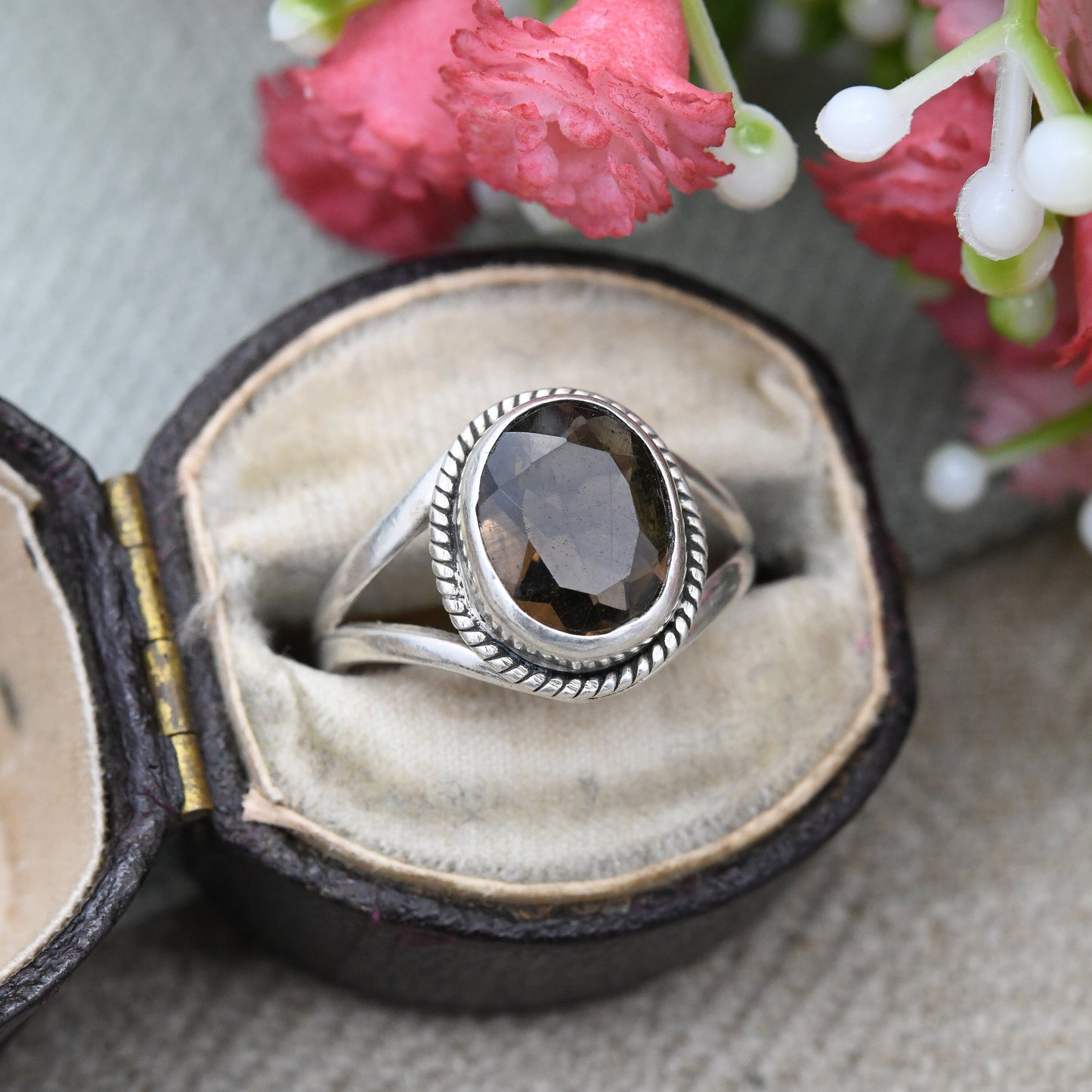 Vintage Sterling Silver Smoky Quartz Ring - Mid-Century Faceted Brown Gemstone Solitaire | UK Size - L | US Size - 5 3/4