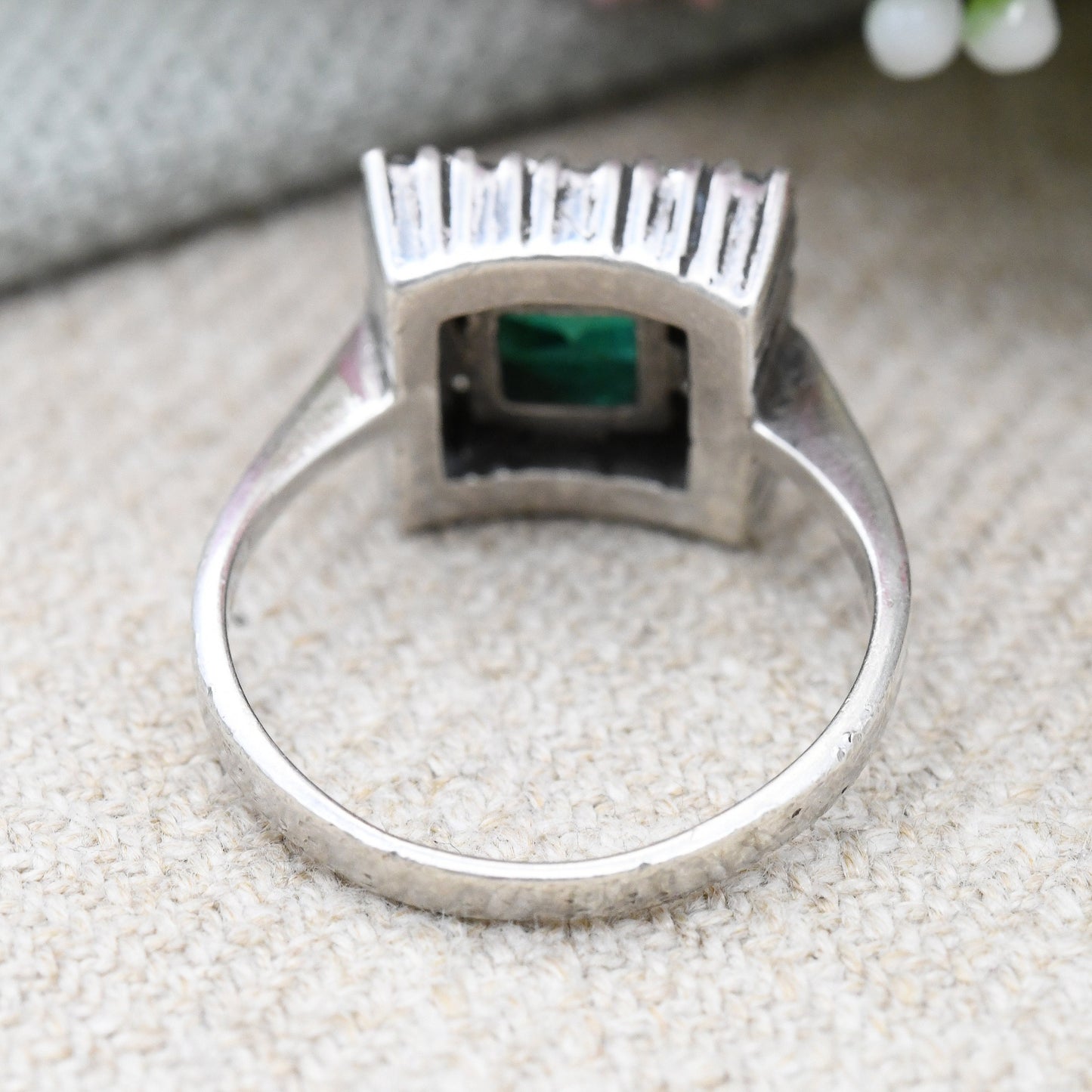 Vintage Ciro SCP Silver Paste Ring - Emerald Green Clear Stone Cocktail Ring | Square Shape | Deco Designer | UK Size - O | US Size - 7 1/4