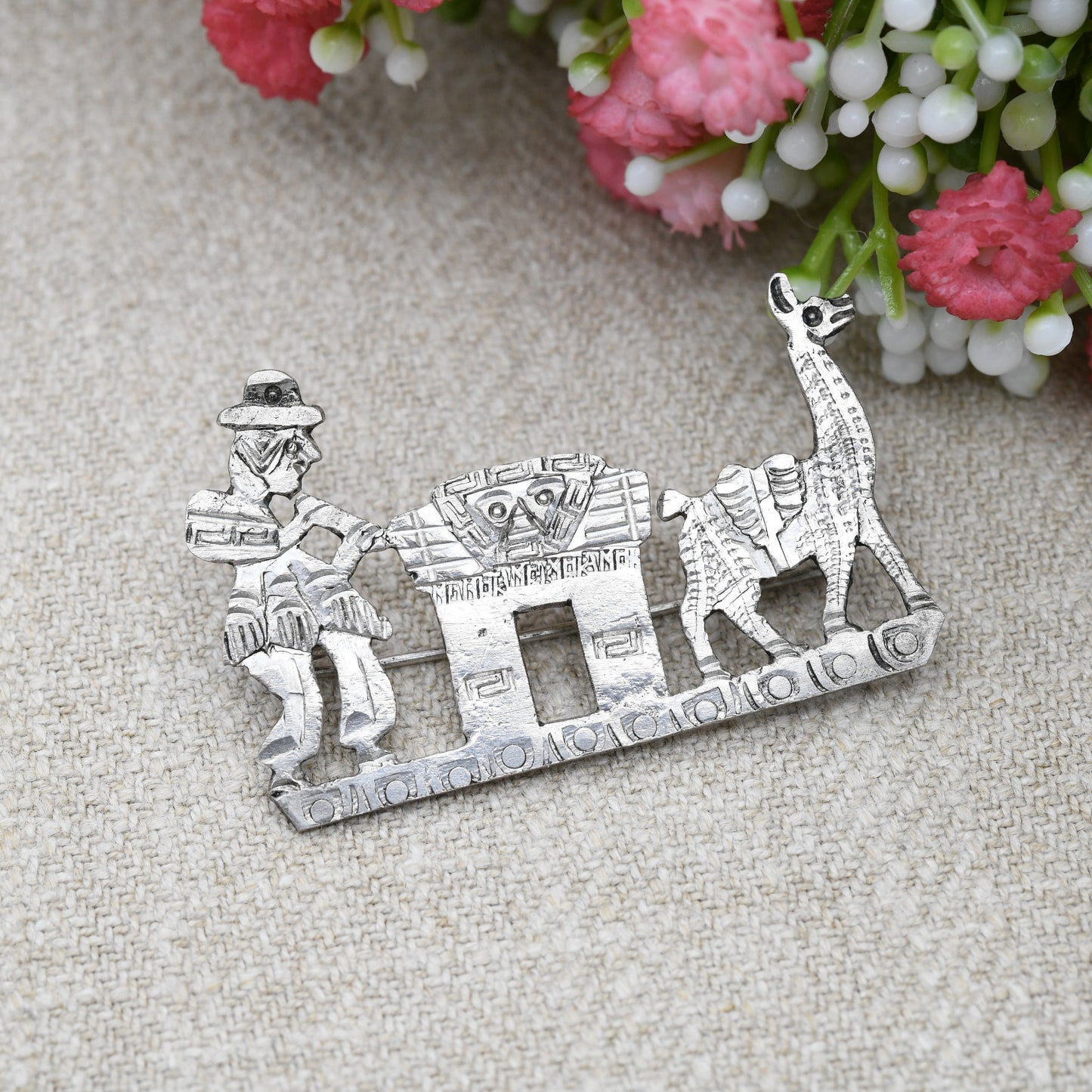 Vintage Silver Man and Llama Brooch - Hand Engraved Peru Silver Jewellery South American Design | Musician Flute Player