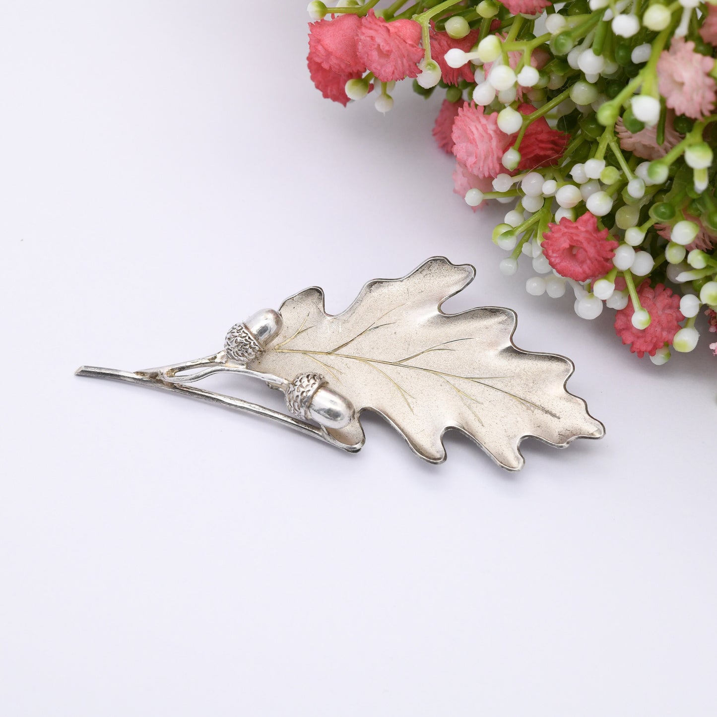 Vintage Scottish Sterling Silver Oak Leaf and Acorn Brooch 1968 by Hamilton and Inches H&I - Mid-Century Designer Jewellery Edinburgh Stamp