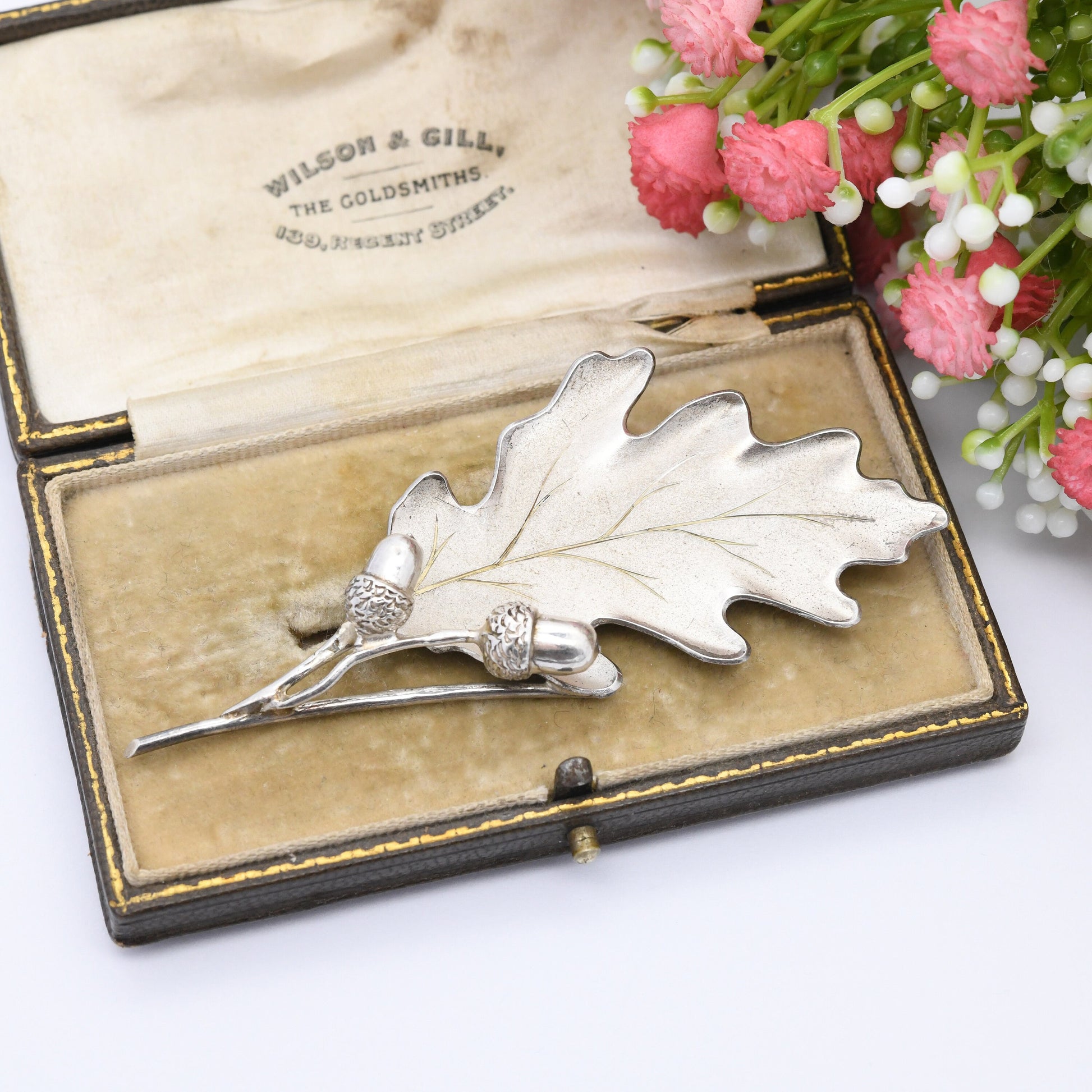 Vintage Scottish Sterling Silver Oak Leaf and Acorn Brooch 1968 by Hamilton and Inches H&I - Mid-Century Designer Jewellery Edinburgh Stamp