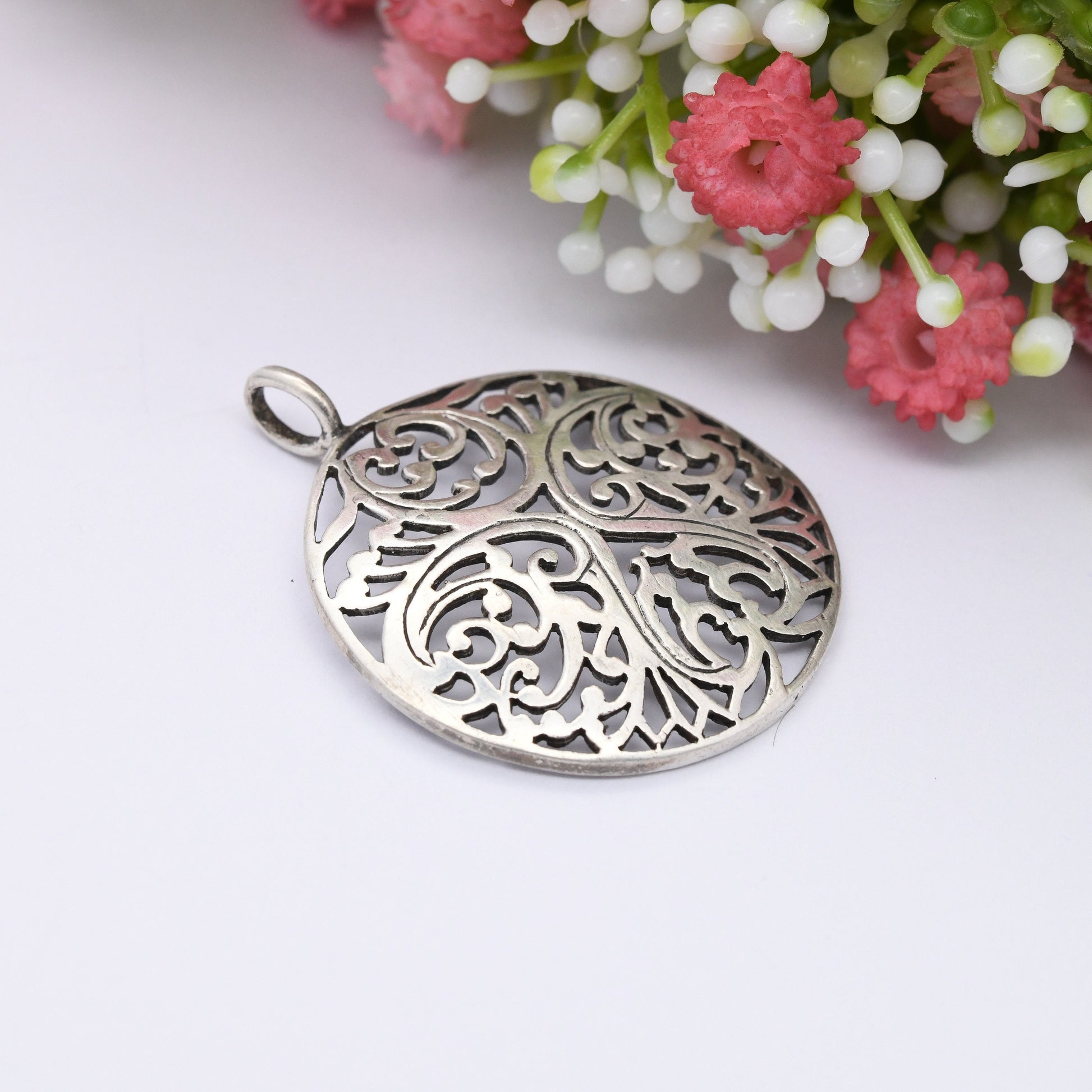 Vintage Sterling Silver Openwork Circle Pendant - Pretty Scrolling Cut Out Design | Large Circle