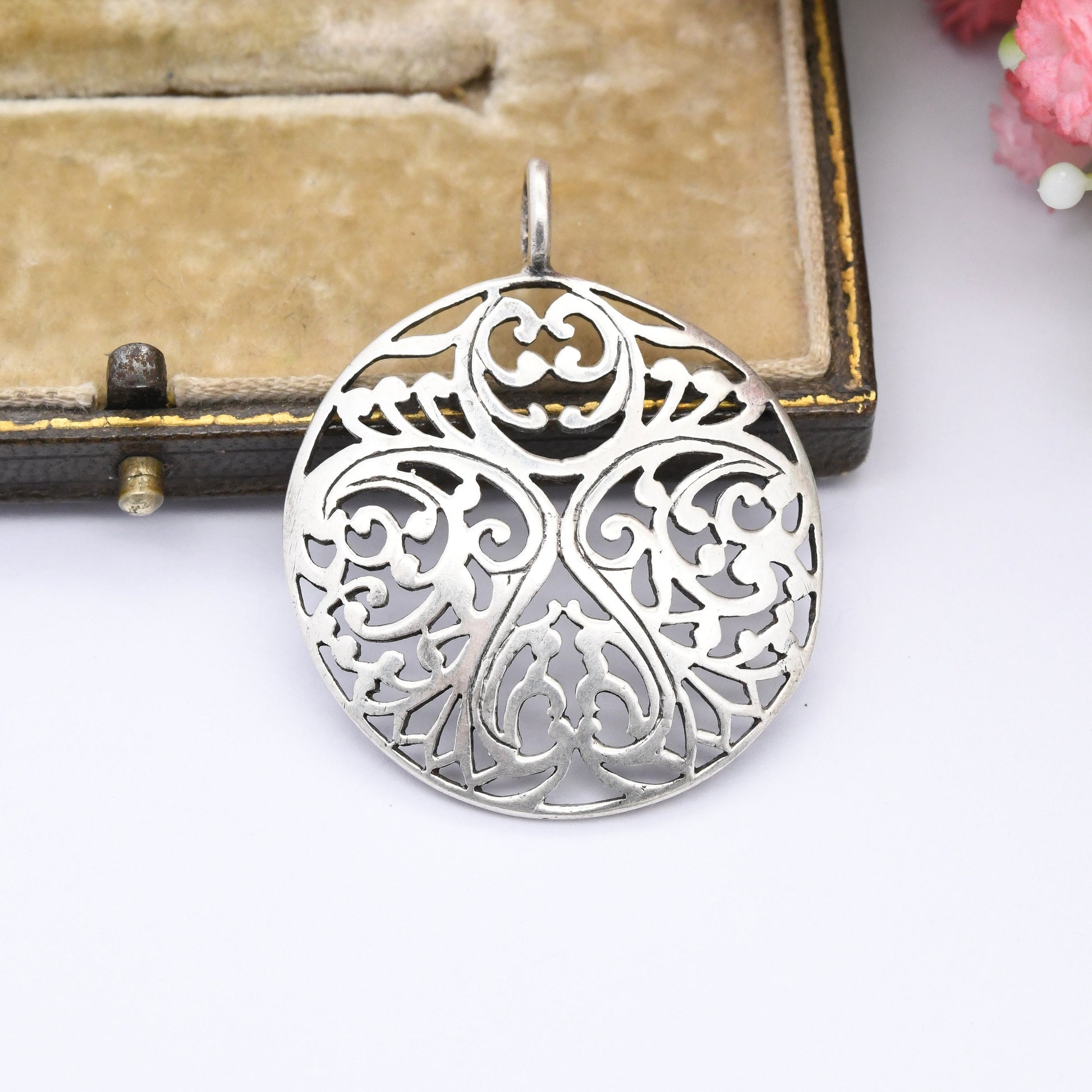 Vintage Sterling Silver Openwork Circle Pendant - Pretty Scrolling Cut Out Design | Large Circle