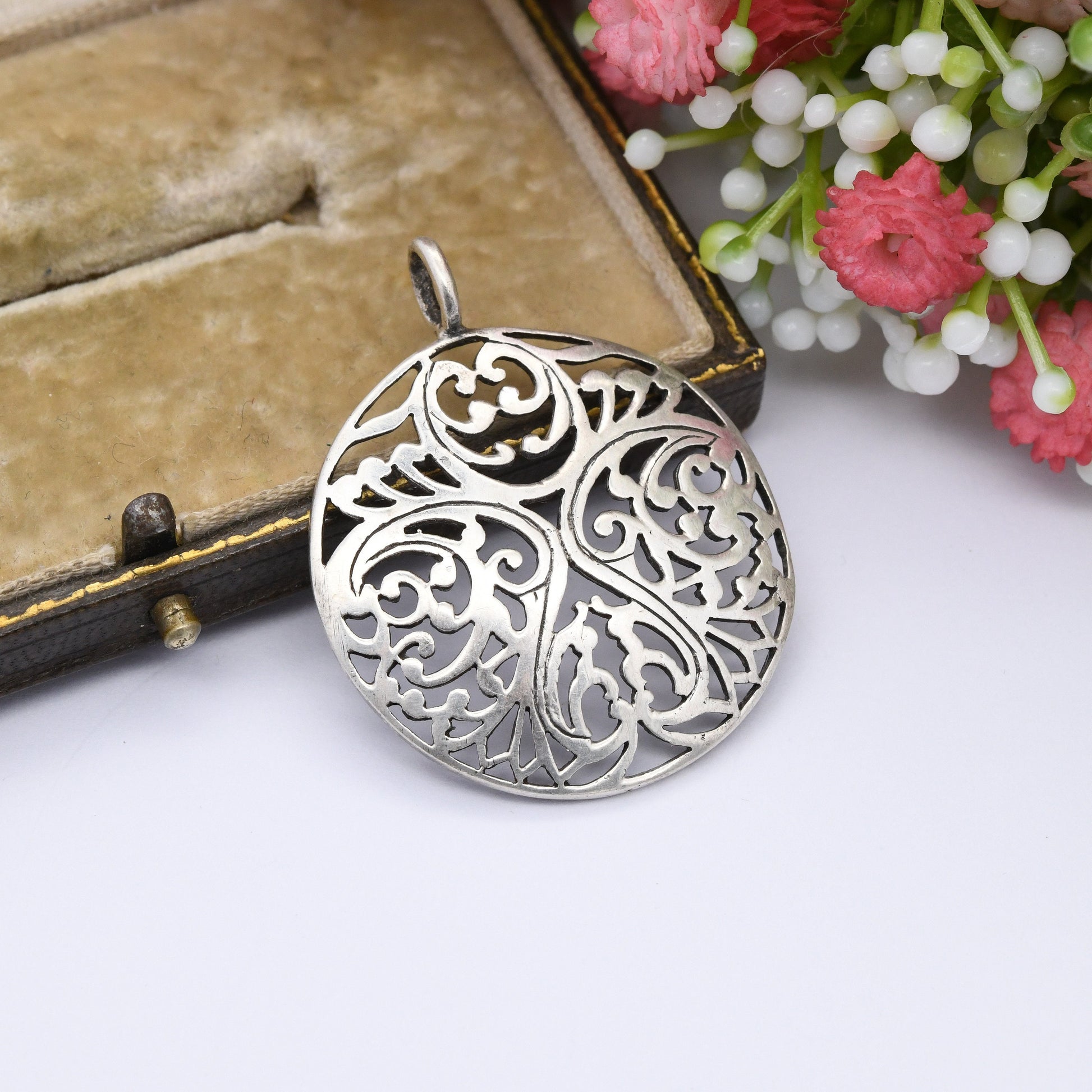 Vintage Sterling Silver Openwork Circle Pendant - Pretty Scrolling Cut Out Design | Large Circle