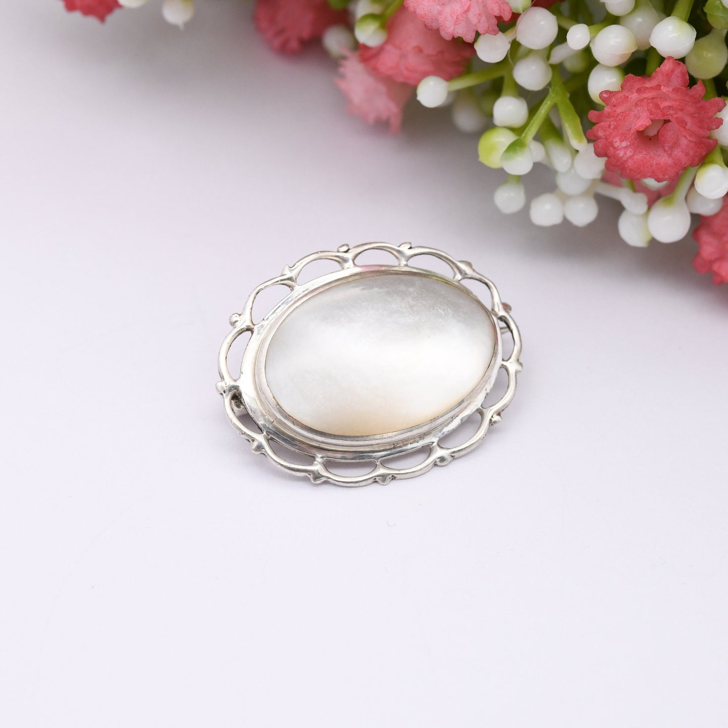 Vintage Sterling Silver Mother of Pearl Brooch - Floral Border | Cabochon White Stone Oval Shape