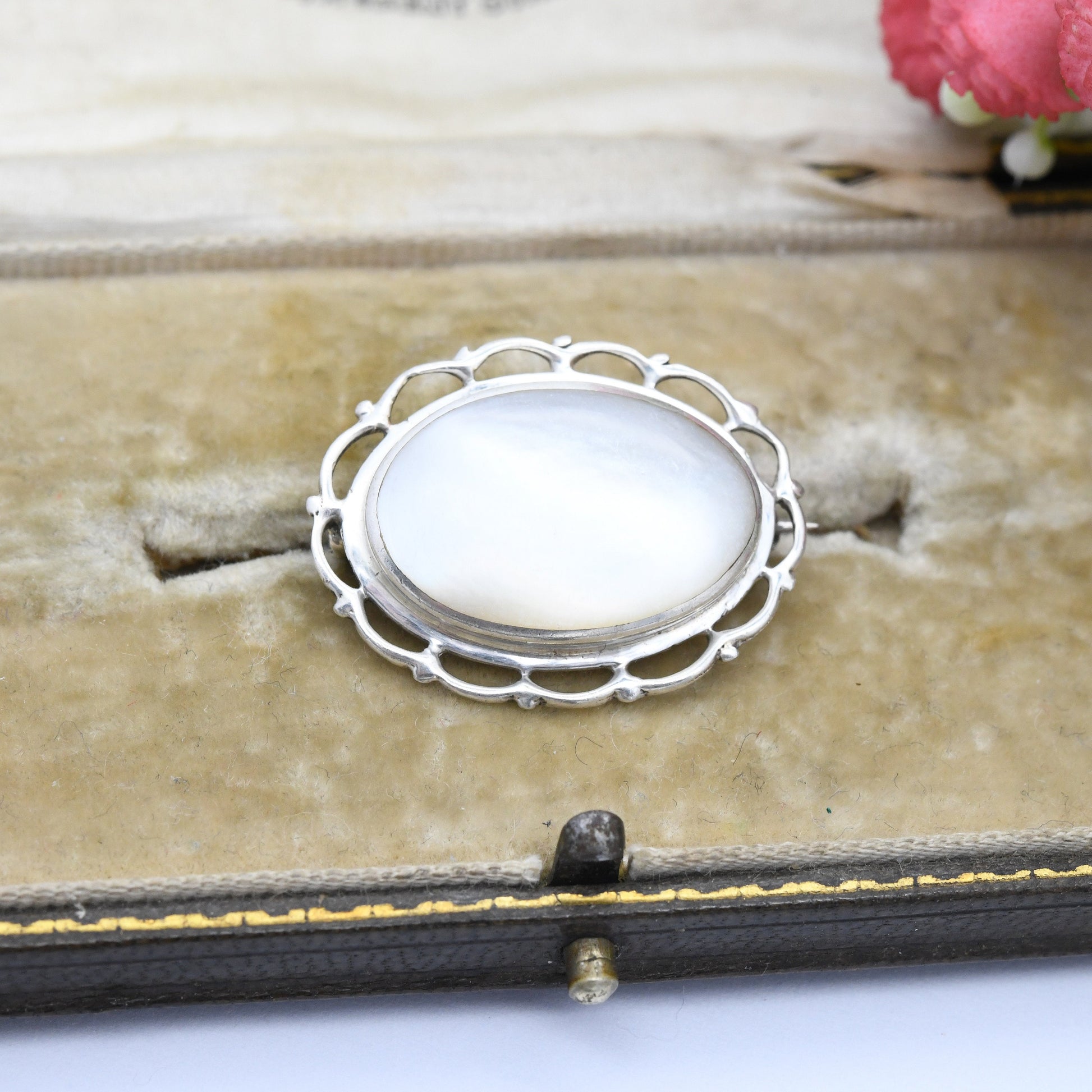 Vintage Sterling Silver Mother of Pearl Brooch - Floral Border | Cabochon White Stone Oval Shape