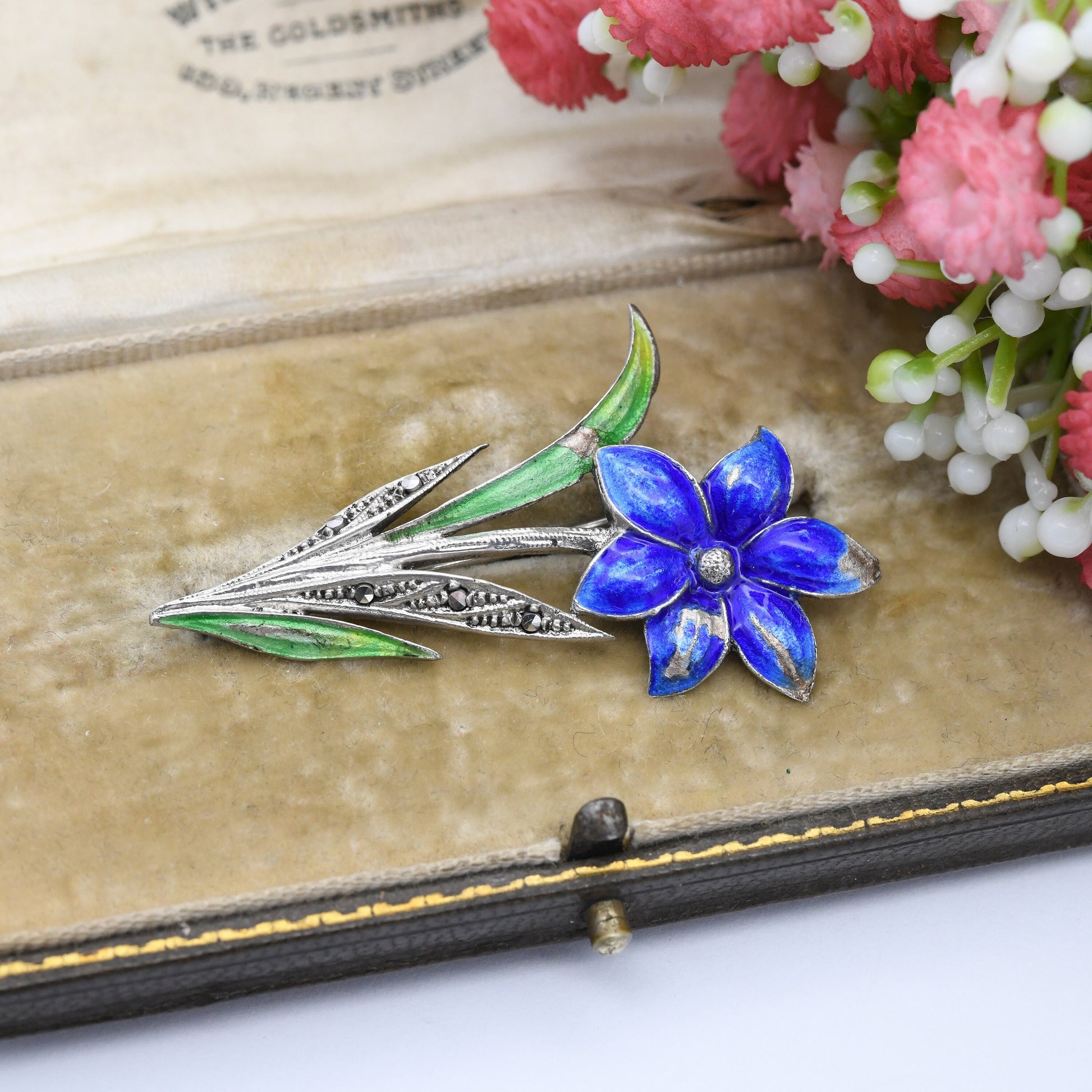 Vintage Sterling Silver Enamel Blue Flower Brooch with Marcasite Stones - Green Enamel Leaves | Mid-Century Pretty Floral Gift for Her