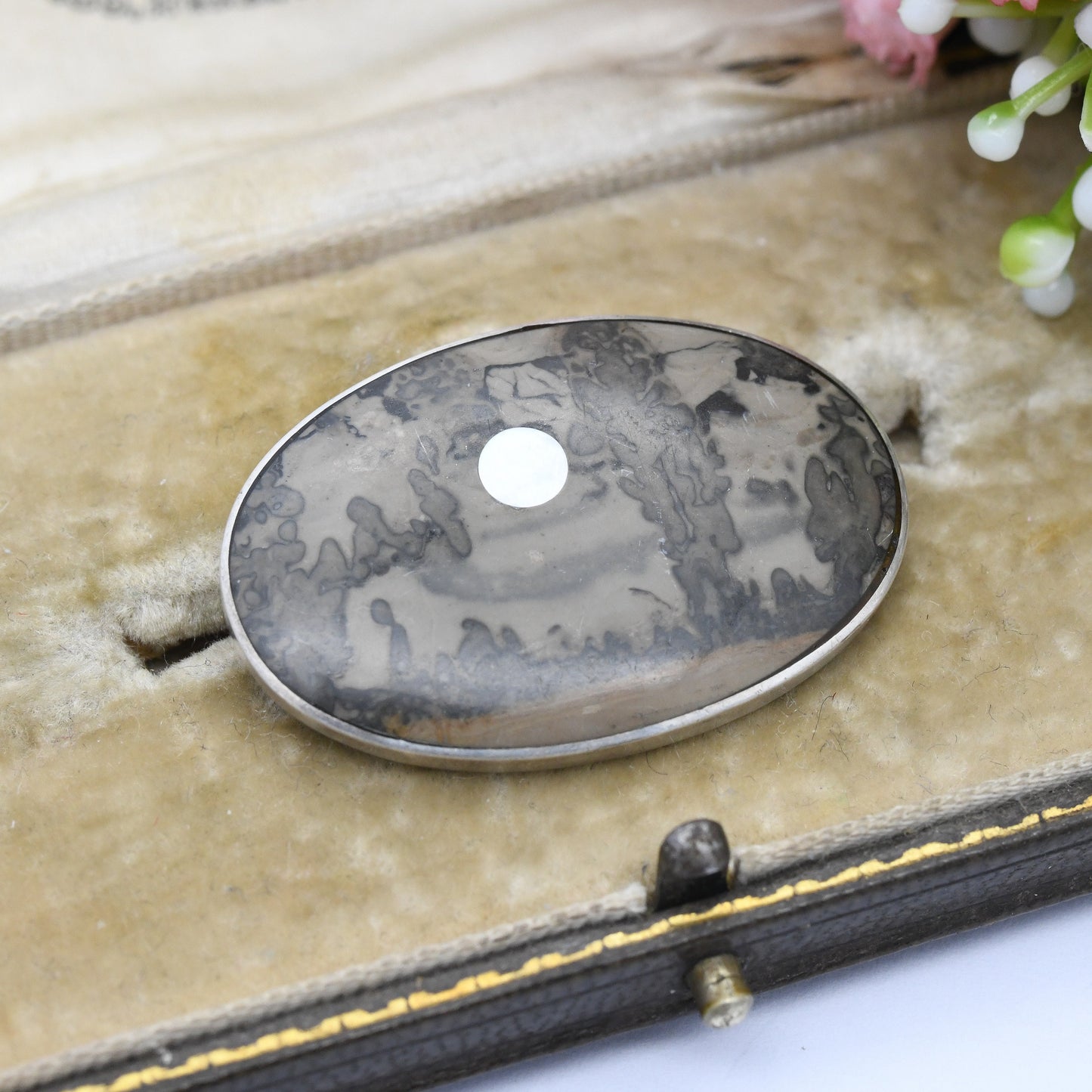 Vintage Sterling Silver Picture Jasper Brooch with Mother of Pearl Moon - Brown Unusual Cabochon Gemstone Jewellery