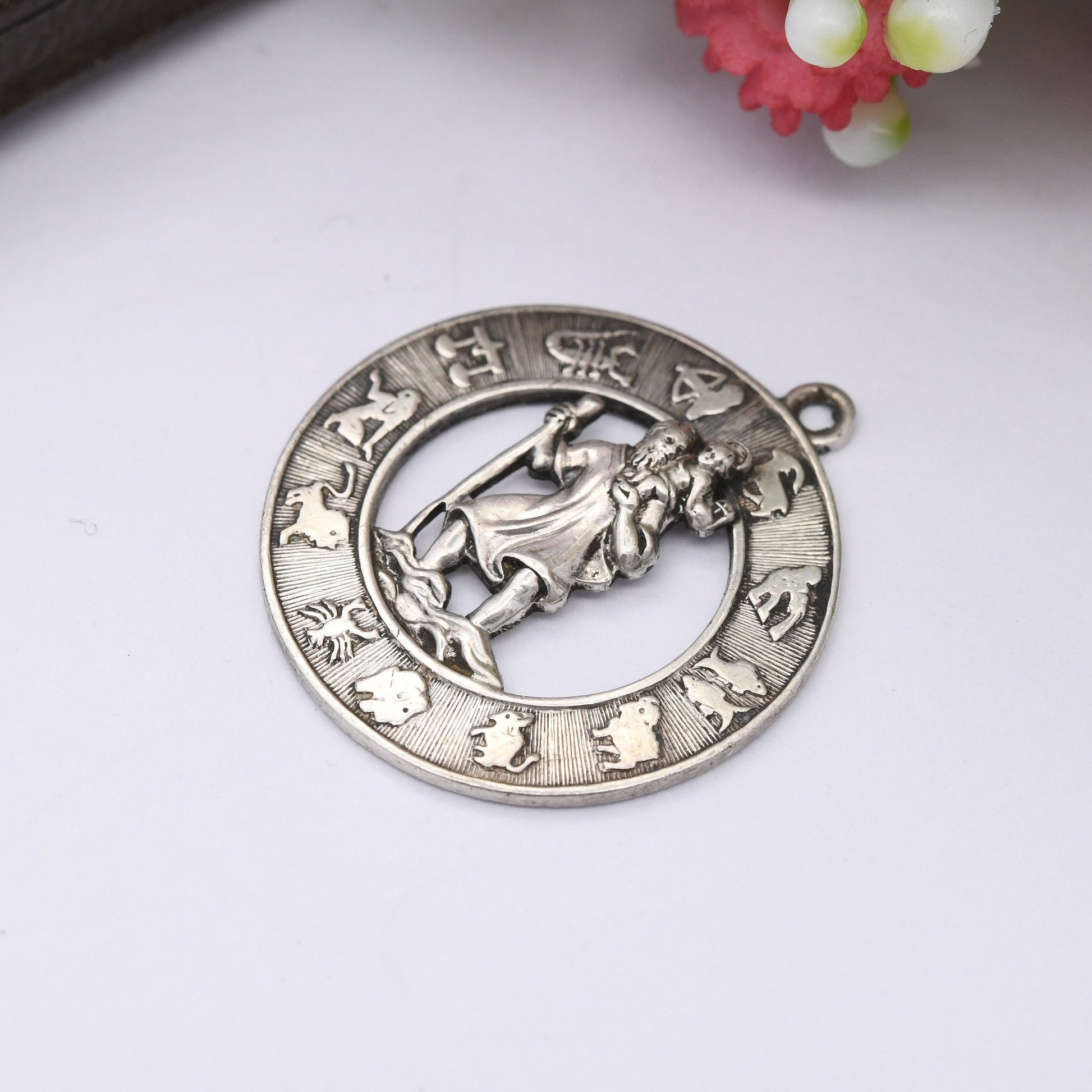 Vintage Sterling Silver St. Christopher Pendant with 12 Signs of the Zodiac Border - Unusual Birthday Christening Gift | for Charm Necklace