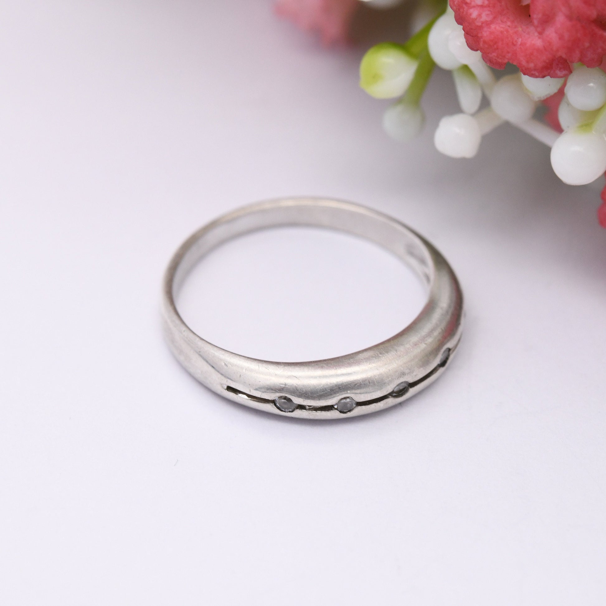 Vintage Sterling Silver Half Eternity Ring with Band of 5 Clear Stones - Minimal Y2K Design Split Band | UK Size - L 1/2 | US Size - 6