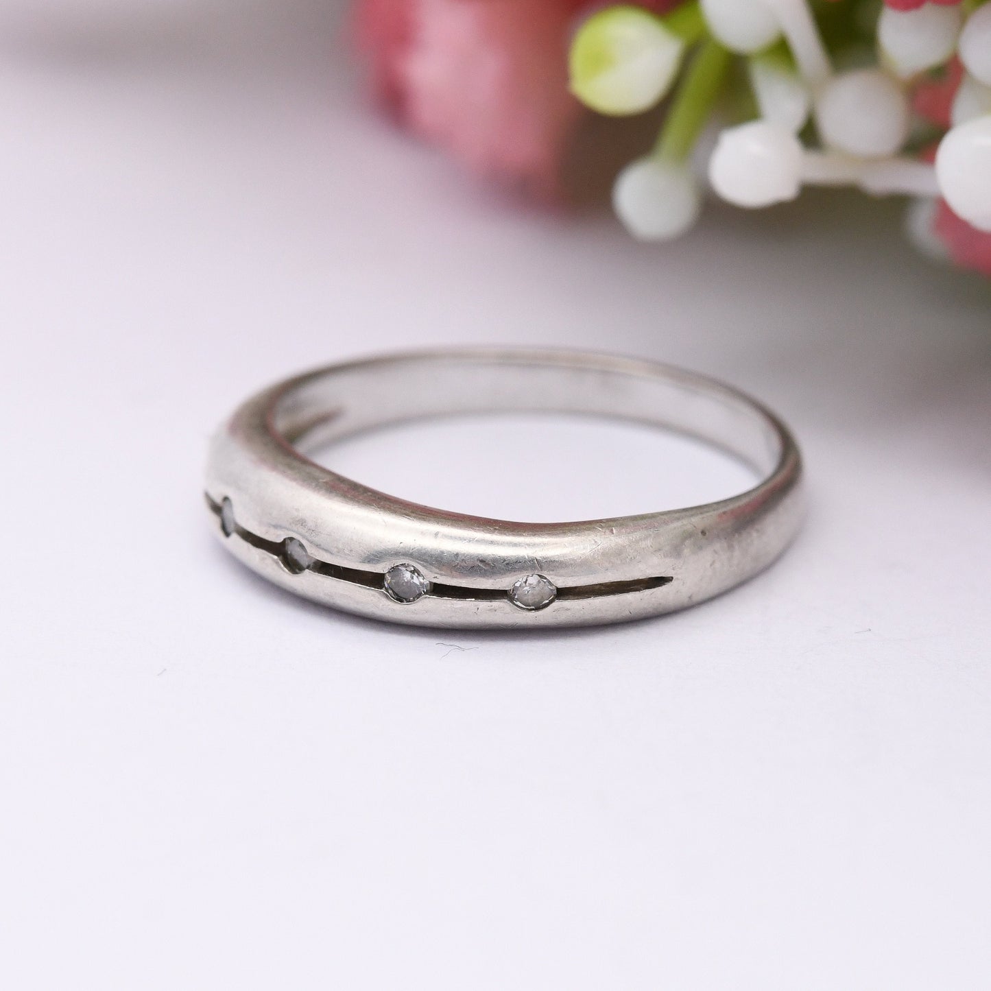 Vintage Sterling Silver Half Eternity Ring with Band of 5 Clear Stones - Minimal Y2K Design Split Band | UK Size - L 1/2 | US Size - 6