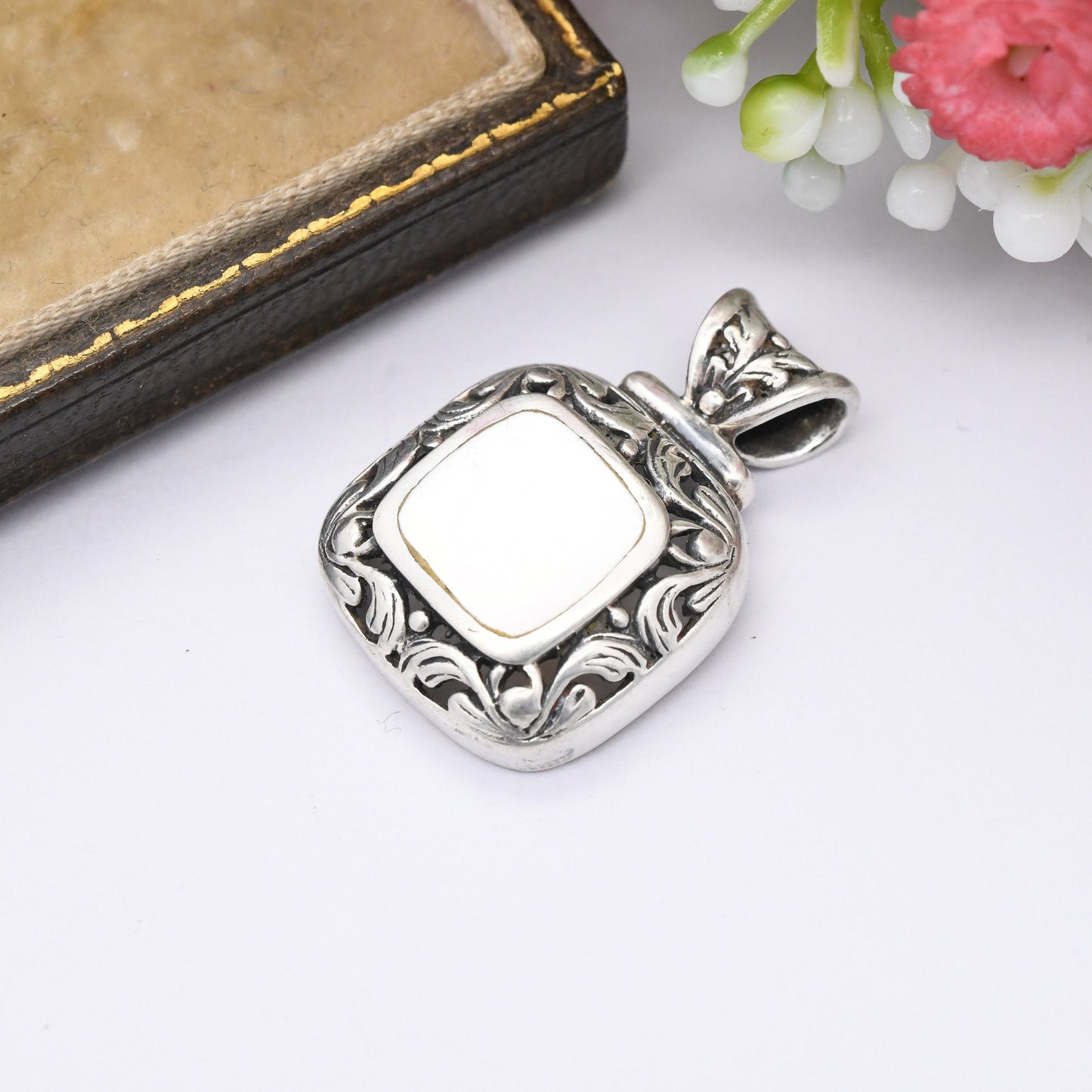 Vintage Sterling Silver Mother of Pearl Square Pendant - Pretty Silver Gift Necklace with Ornate Scrolling Leaf Design