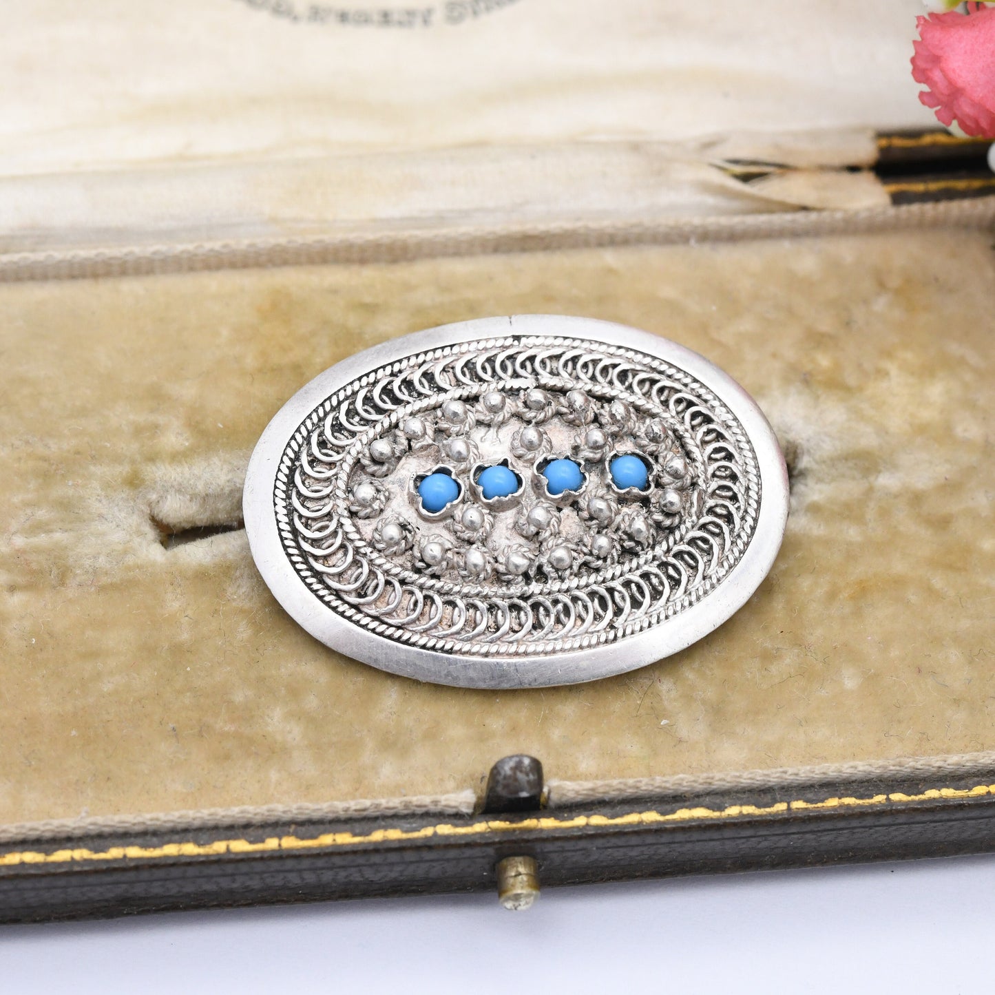 Vintage Silver Cannetille Brooch with Blue Glass Stones - Oval Shape | Rope Twist Granulated Design