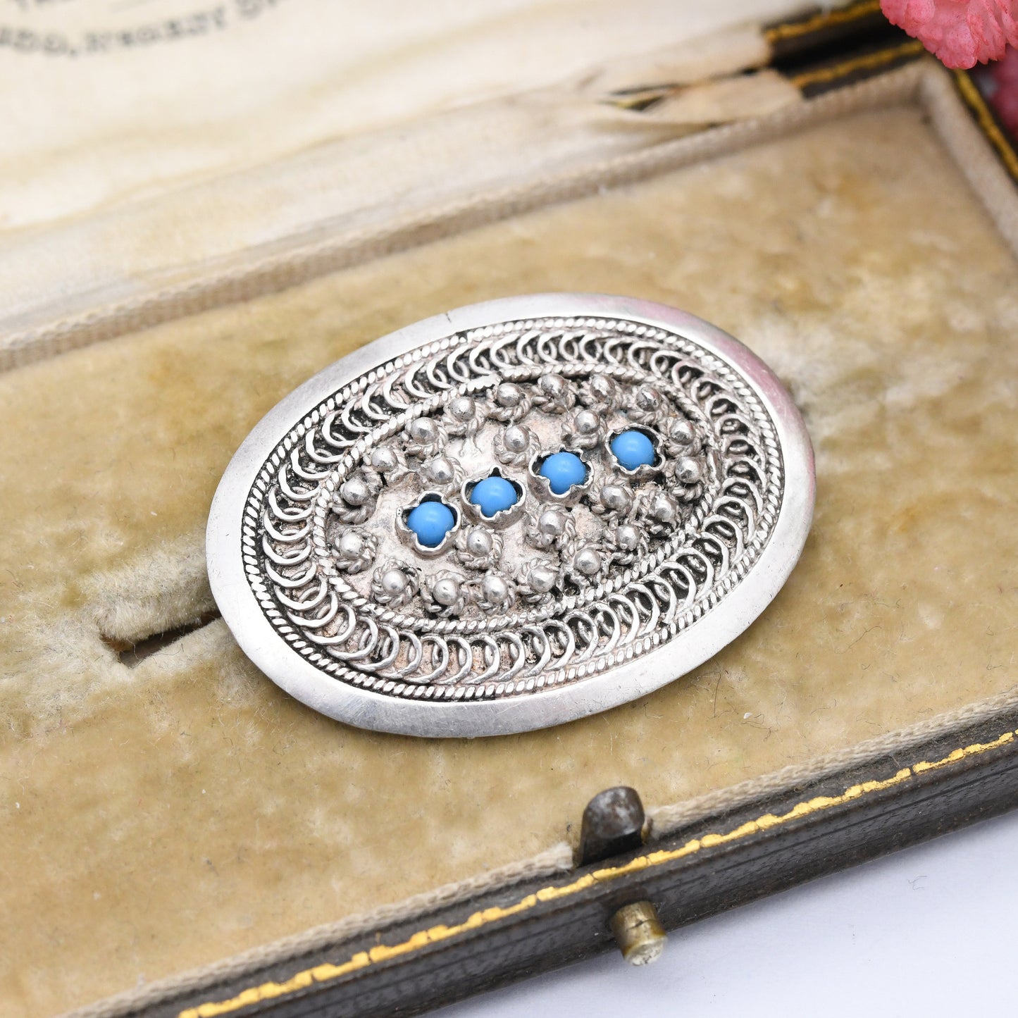 Vintage Silver Cannetille Brooch with Blue Glass Stones - Oval Shape | Rope Twist Granulated Design